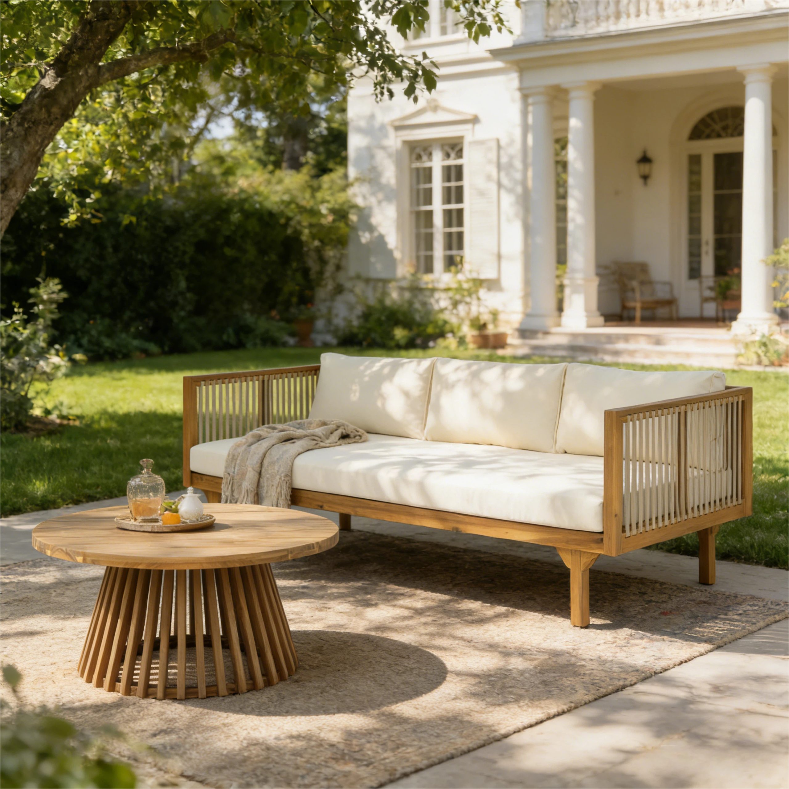 2-Piece Outdoor Patio Set: Sofa with Beige Cushions & Light Brown Rope Back + Round Acacia Wood Coffee Table, Teak Finish, Water Repellent, 600 lbs Sofa Capacity