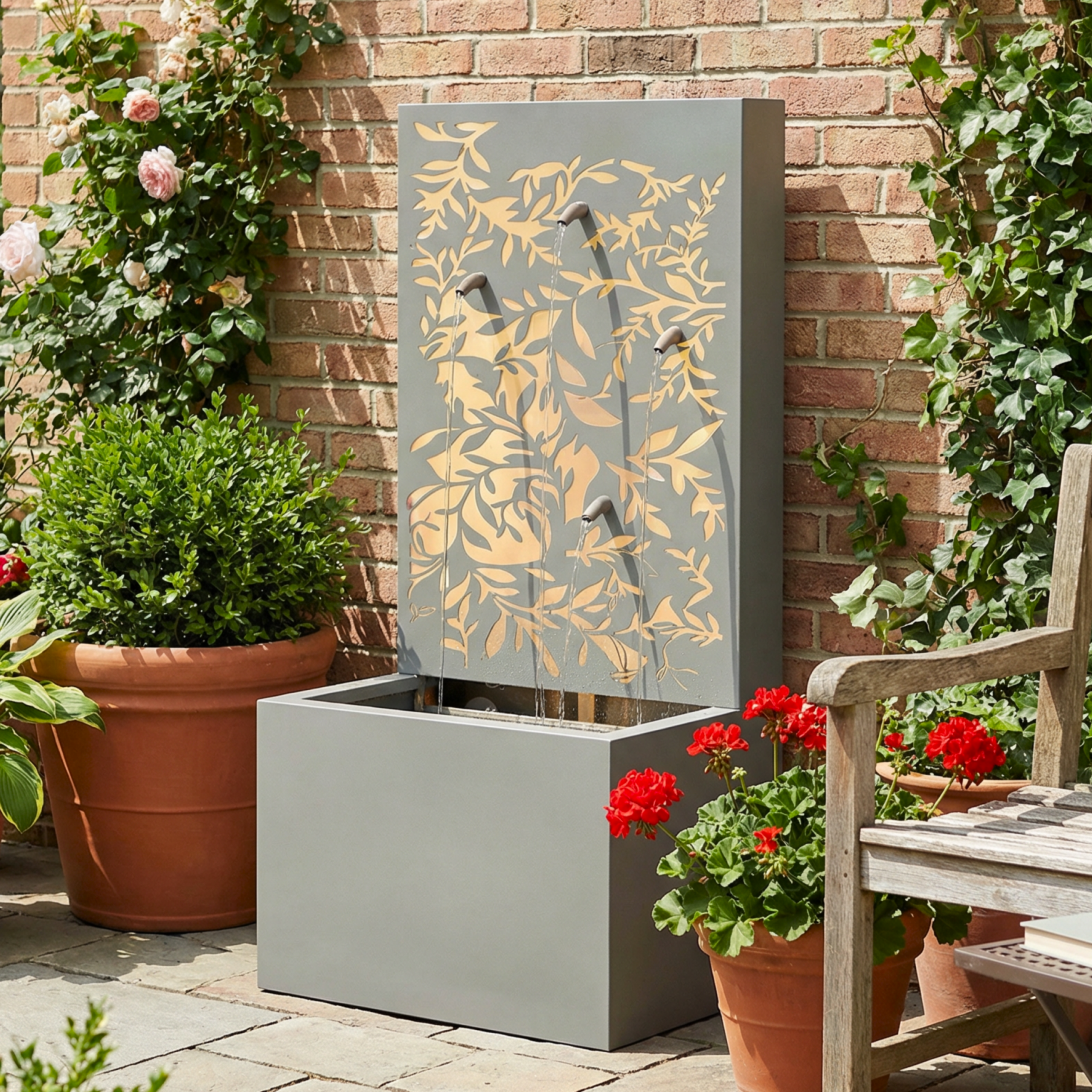 30.71″H Light Gray Metal Leaf Cutout Outdoor Water Wall Fountain with LED Lights, Modern Waterfall Feature for Patio Garden Backyard Decor