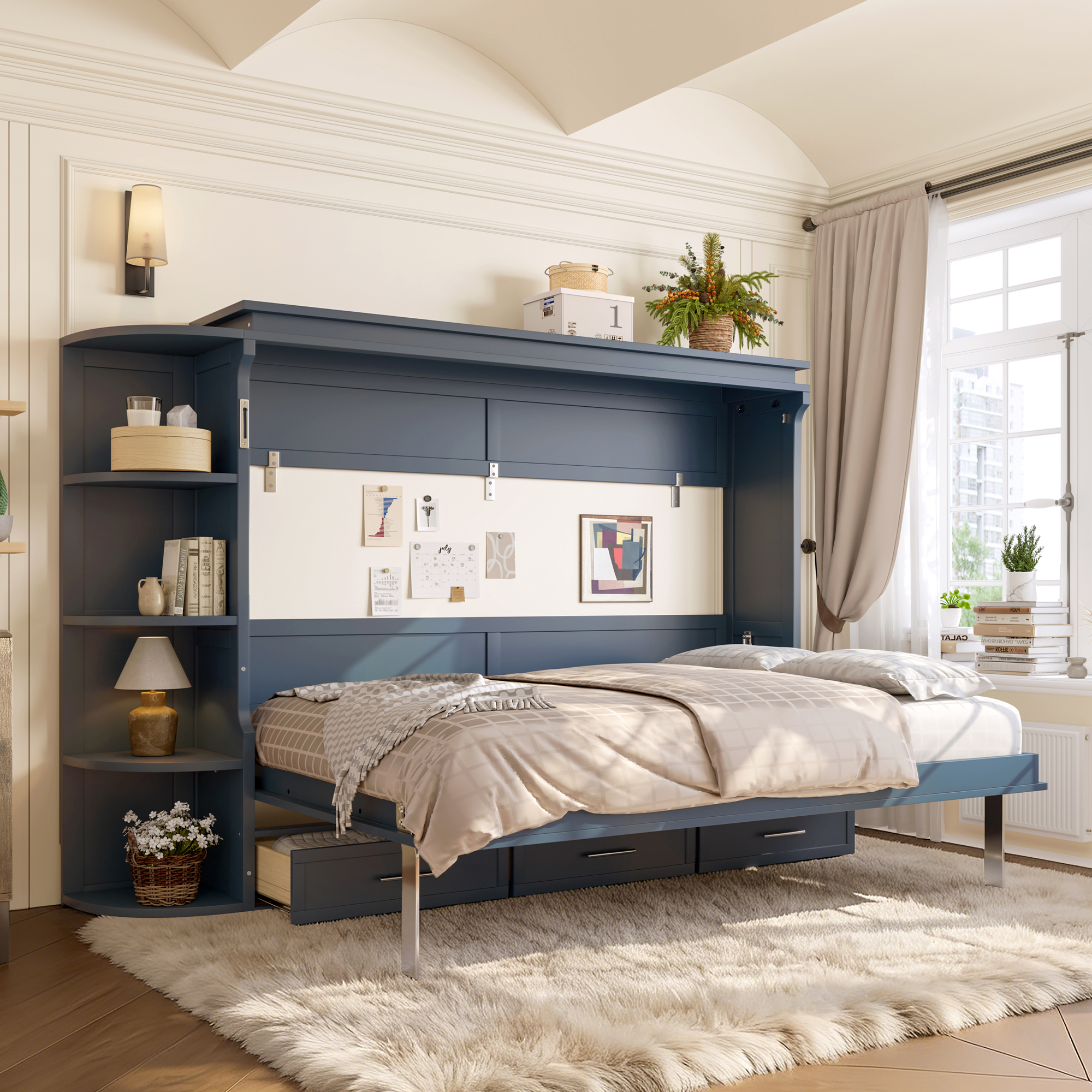 Full Size Murphy Platform Bed with Shelf, Side Cabinets, and Drawers , Home Office Space Saver,Blue