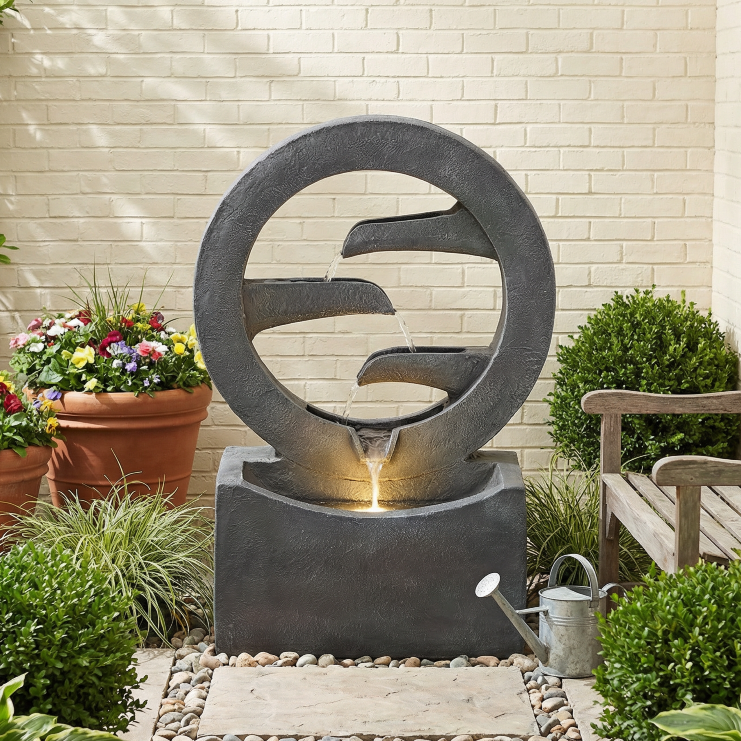 26.77″H Gray Circular Polyresin Outdoor Water Fountain with LED Light, Freestanding Modern Cascading Water Feature for Patio Garden Backyard Decor
