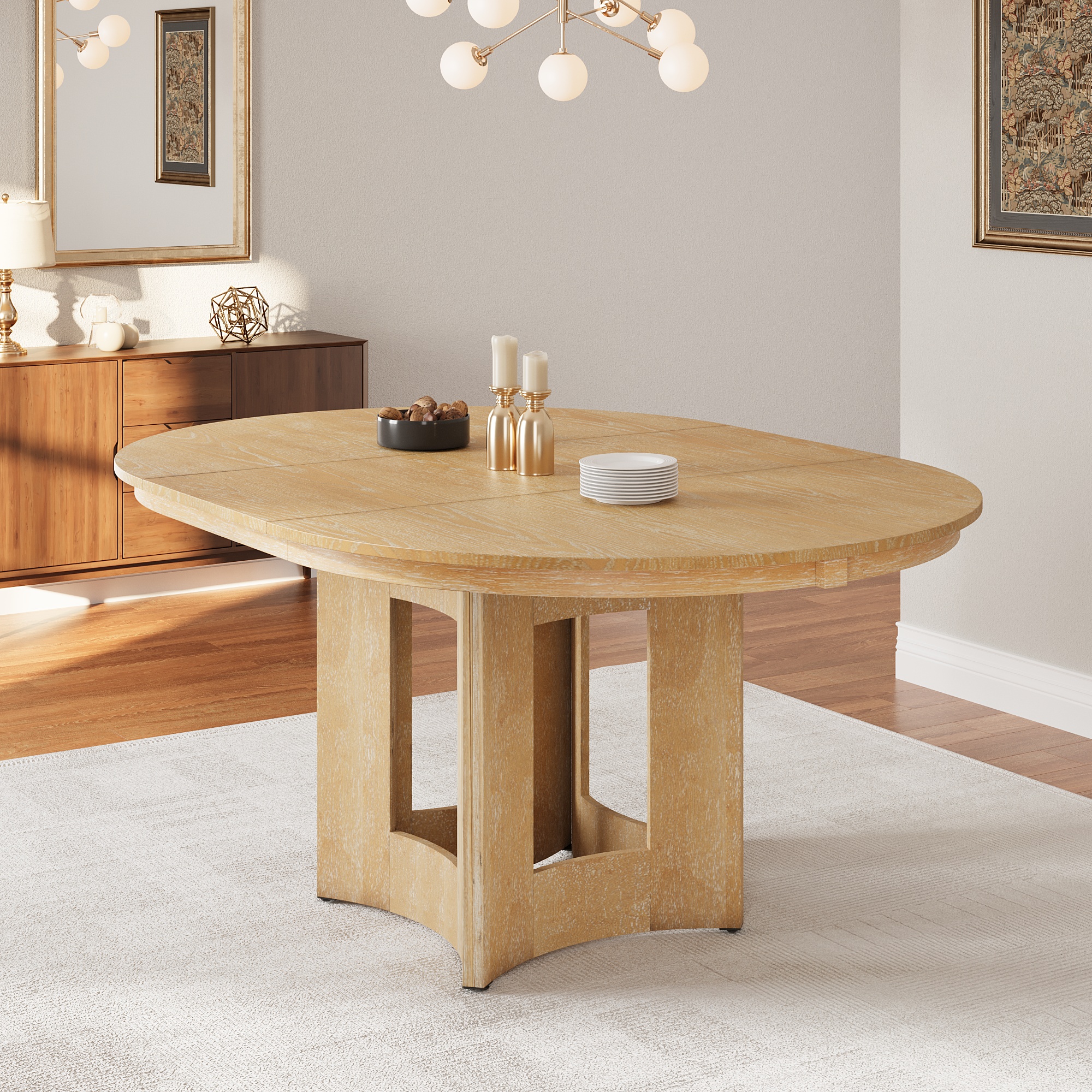 TOPMAX Farmhouse Extendable Round Dining Table with 16inch Removable Leaf for Small Places, Natural