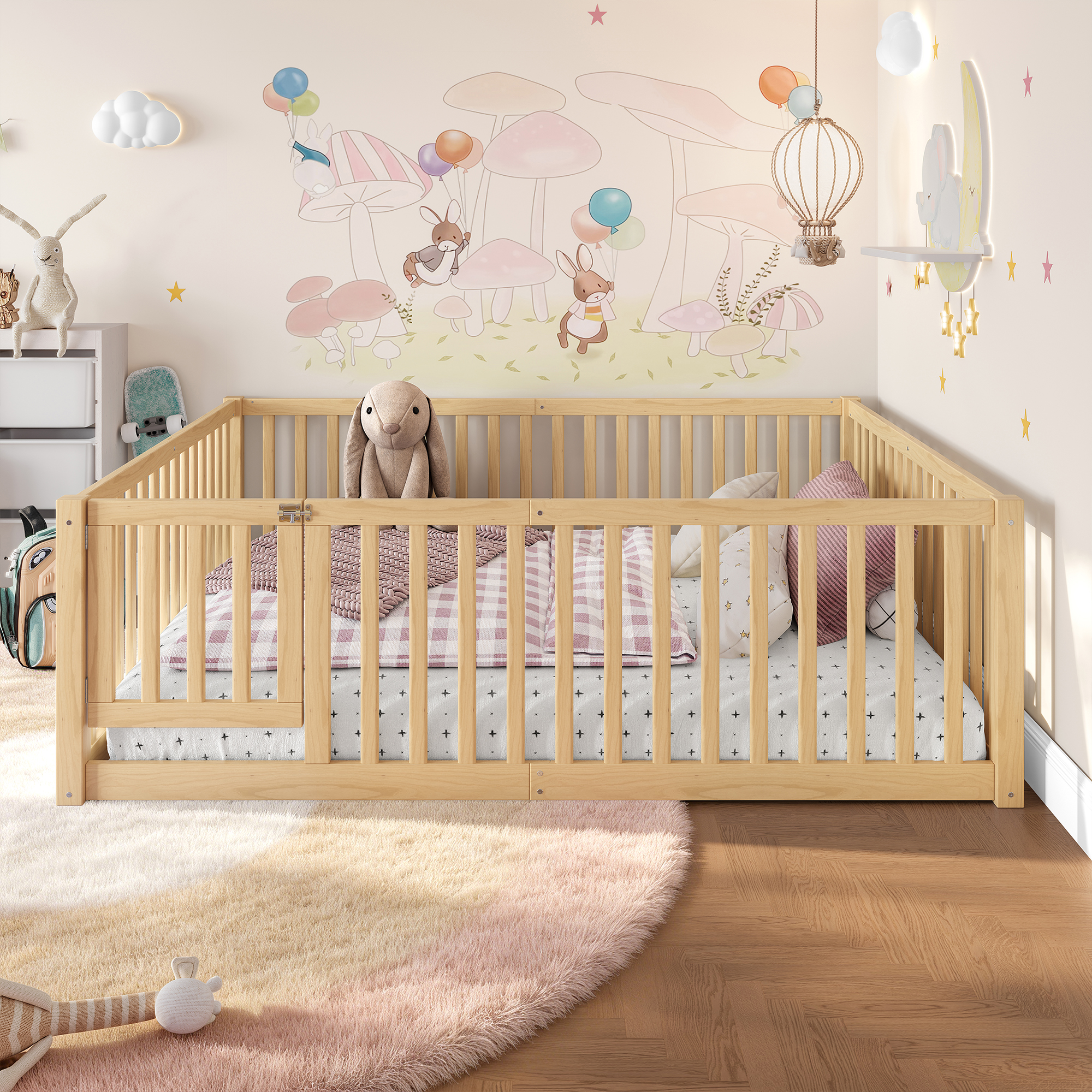 Full Size Bed Floor Bed with Safety Guardrails and Door for Kids,Natural
