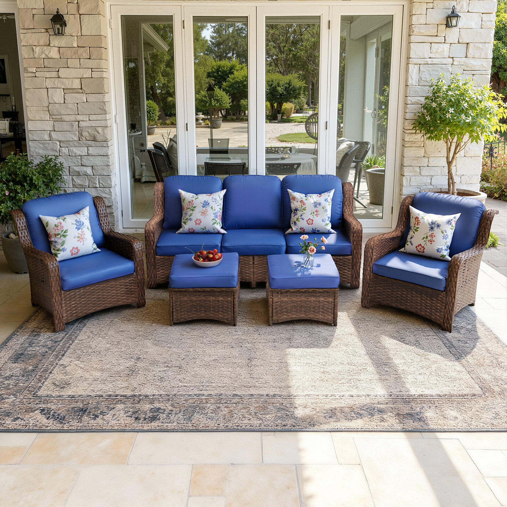 Patio Furniture Set Rattan Outdoor Sectional Conversation Sets 3-Seat Outdoor Couch,2 Single Chair and 2 Ottoman for Lawn, Balcony, Garden, Backyard (Gray-Navy, Set of 5)