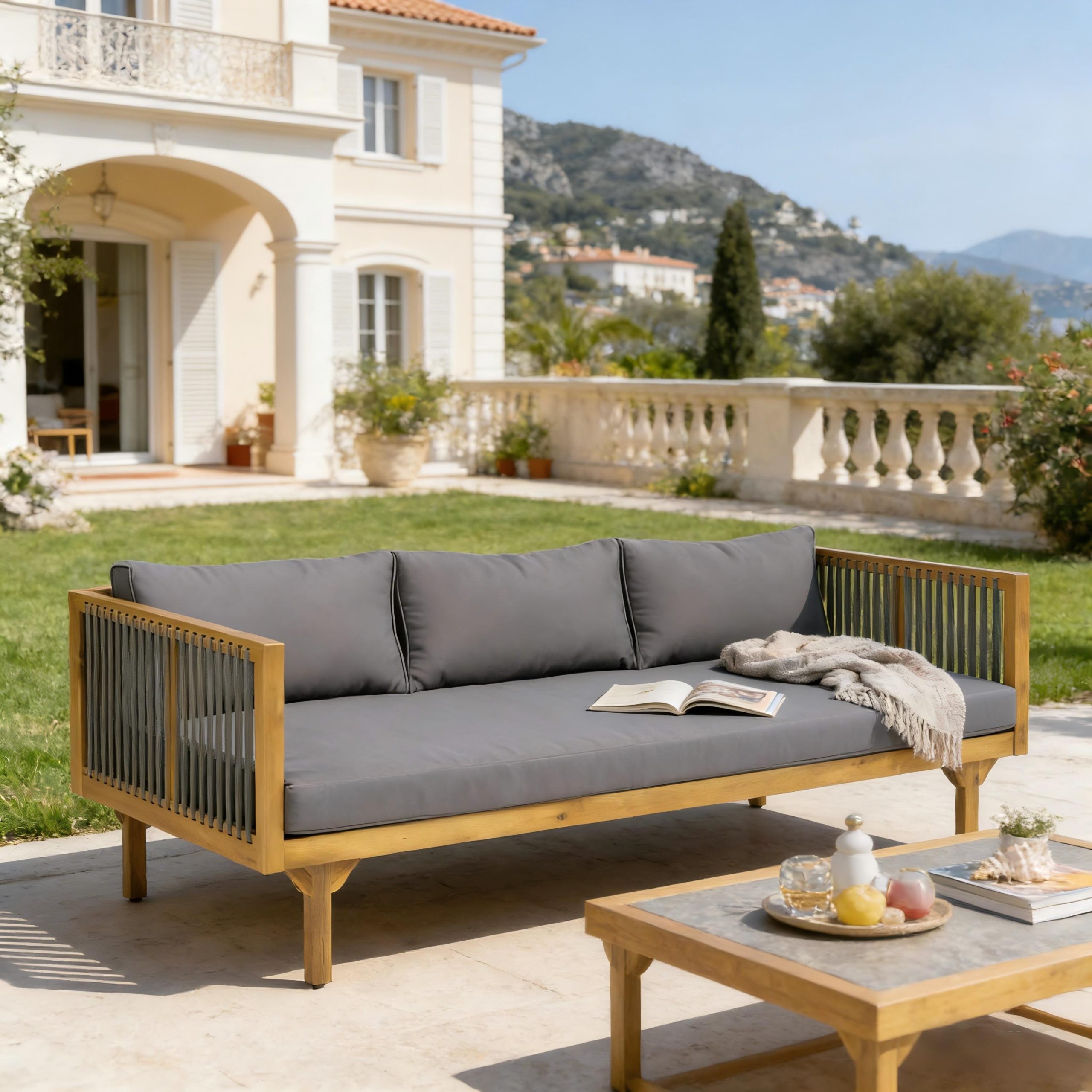 Outdoor Patio Sofa with Dark Grey Cushion & Grey rope, Acacia Wood Teak Finish, Water Repellent Fabric, 600 lbs Capacity, for Garden, Deck, or Backyard