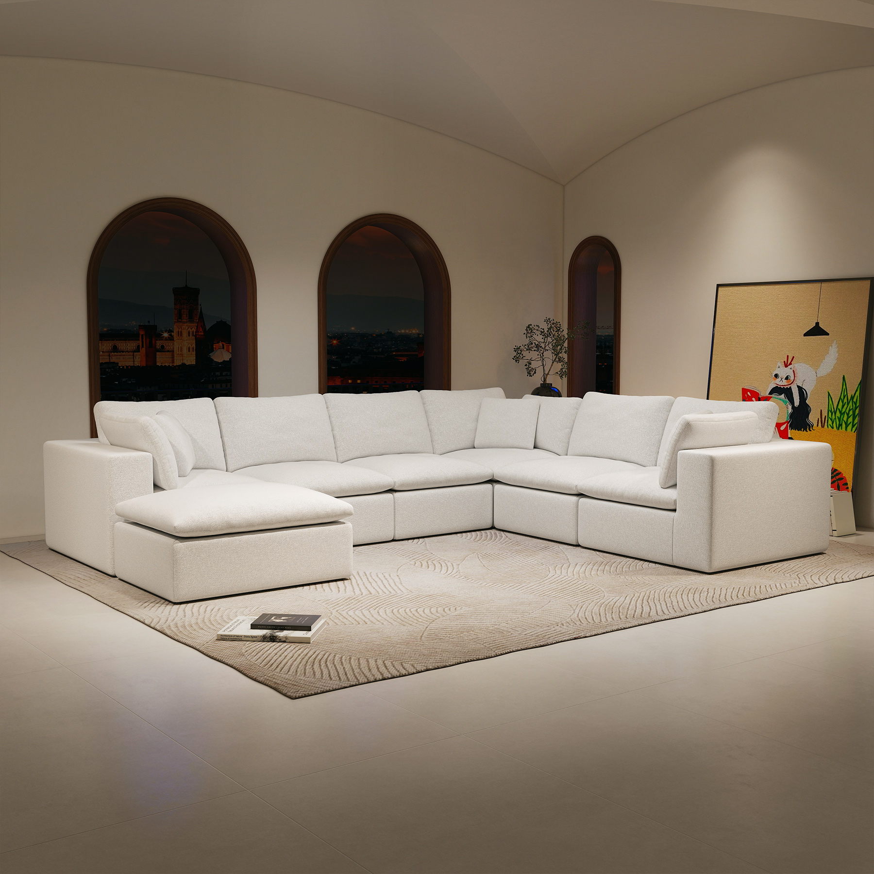 137.8*108.3″Modular sectional sofa seat,Upholstered compressed couch for living room,Bedroom,Apartment,No assembly required,7PC free combination,Plush corduroy fabric,WHITE