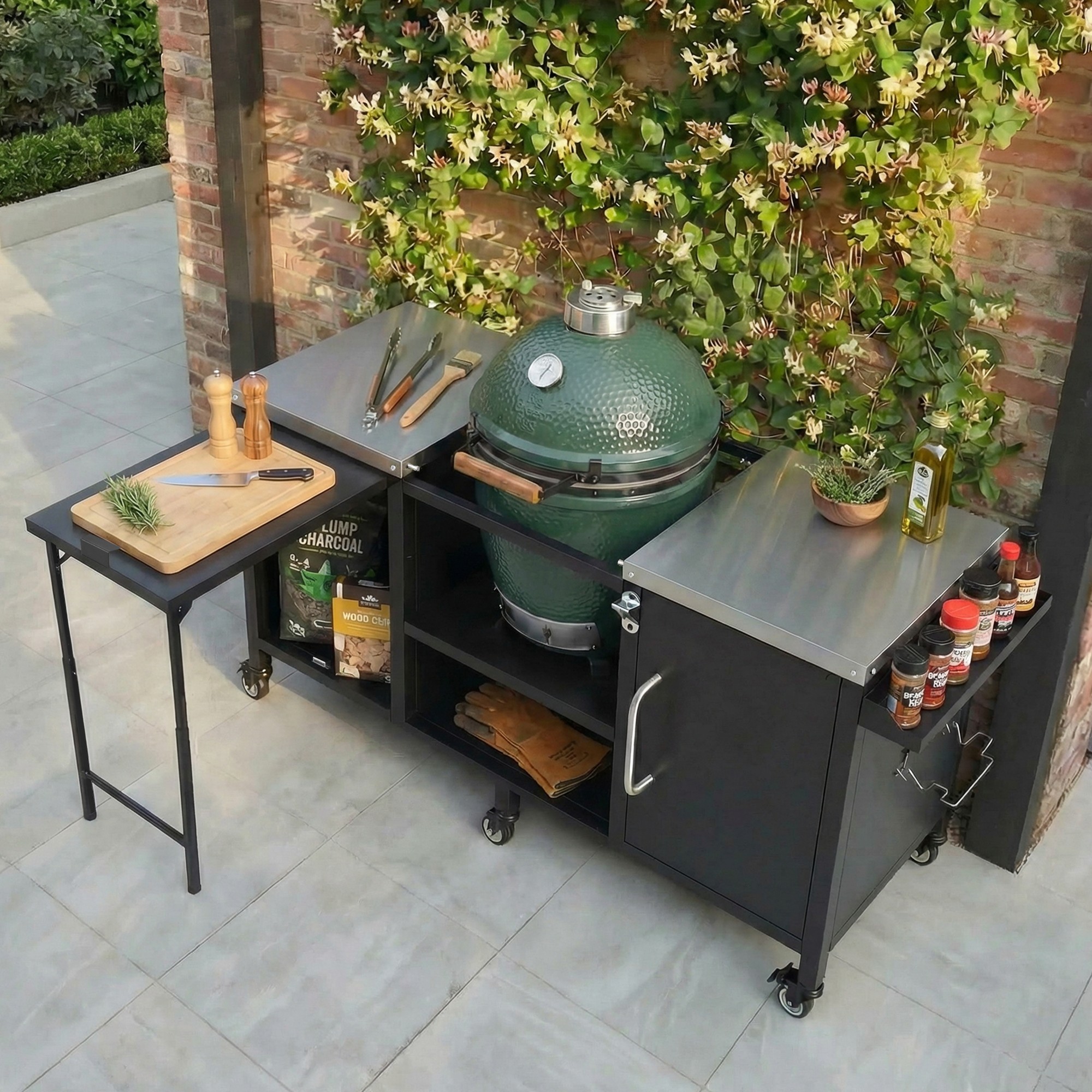 K&K 72.4″ Large Grill Table for Large Big Green Egg, Metal Outdoor Grill Cart with Fold-out Prep Table, Adjustable Shelves, Spice Rack, Outdoor Kitchen Island for Big Green Egg, Kamado Joe Classic
