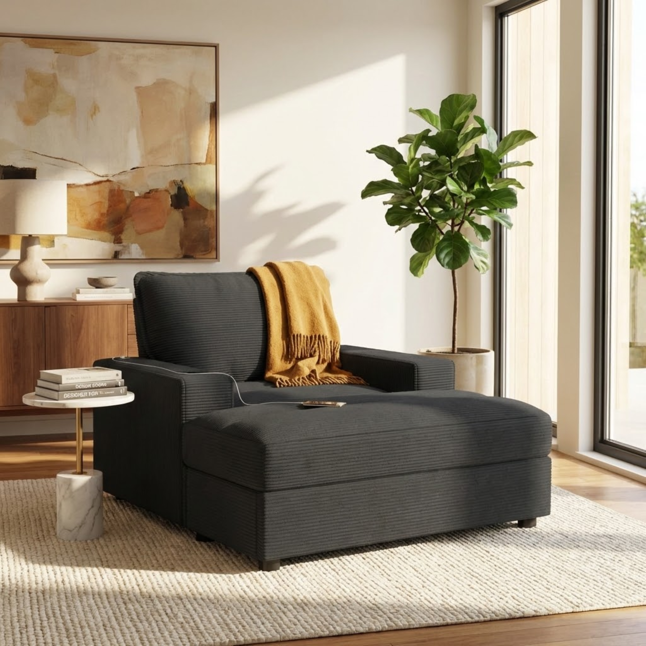 42.8″ Oversized Chaise Lounge Chair with Storage Ottoman, Corduroy Sofa Bed with Cup Holders & USB Charging Port, Upholstered Sleeper Chair, Deep – Seat Reading Couch for Living Room, Bedroom,Grey