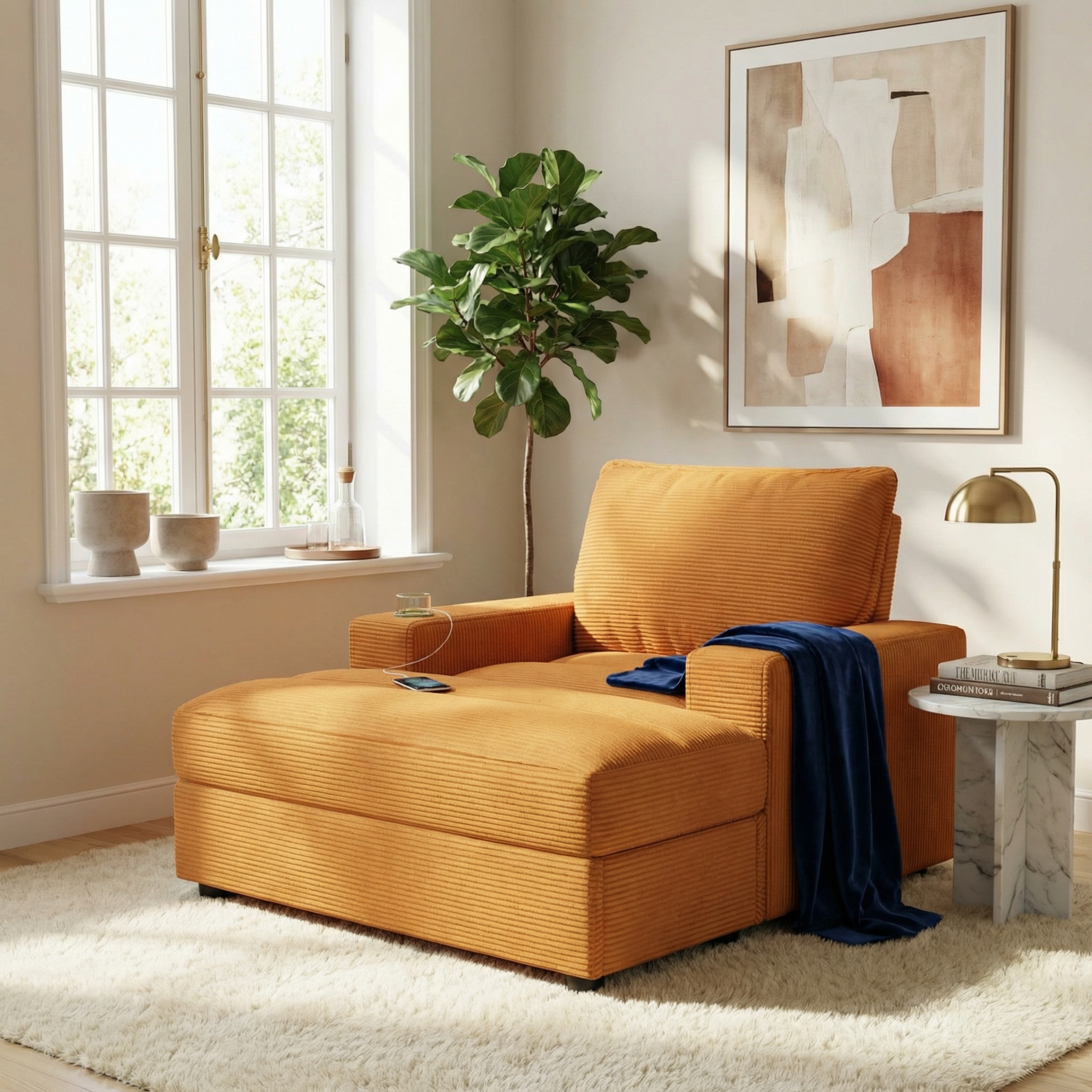 42.8″ Oversized Chaise Lounge Chair with Storage Ottoman, Corduroy Sofa Bed with Cup Holders & USB Charging Port, Upholstered Sleeper Chair, Deep – Seat Reading Couch for Living Room, Bedroom,Yellow