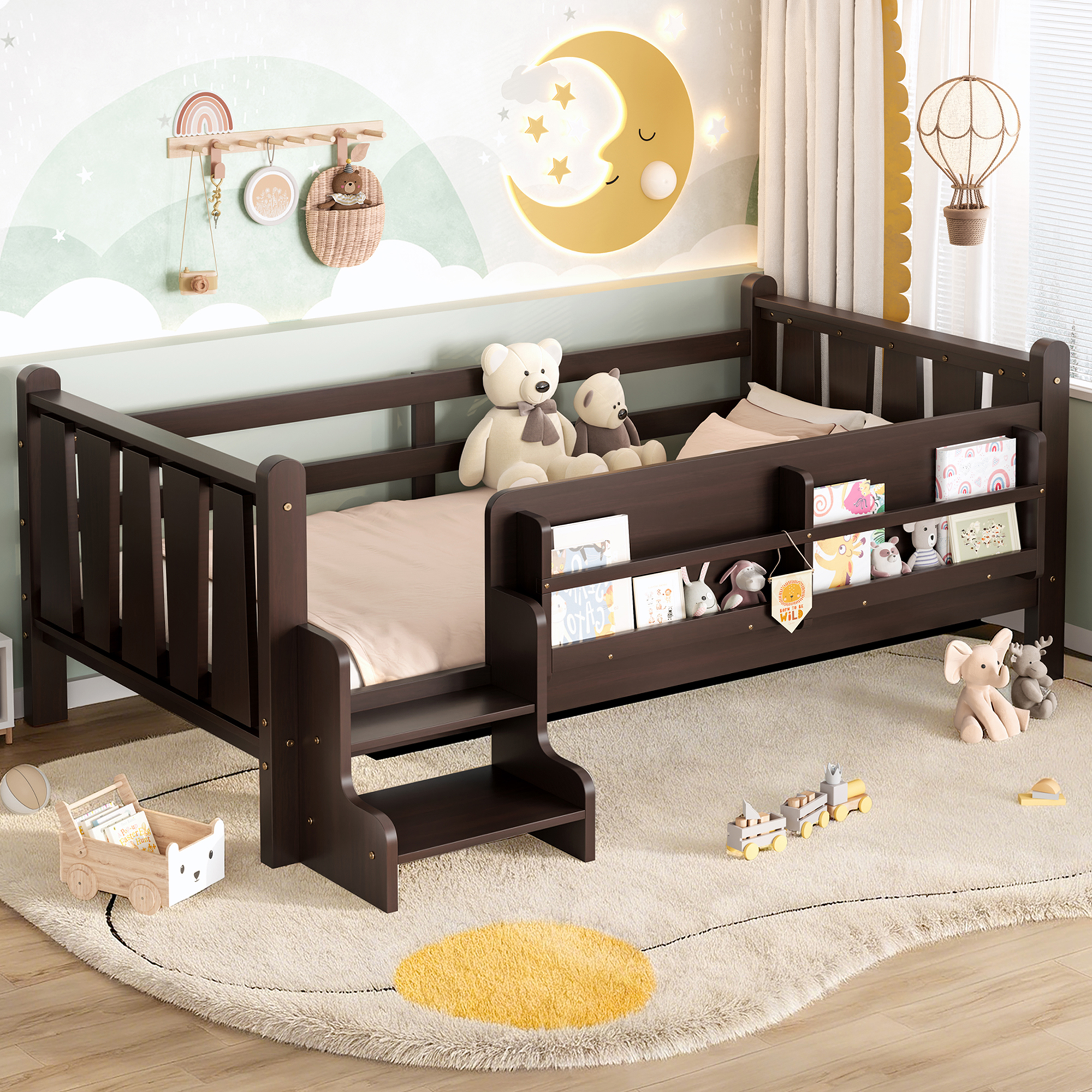 Twin Size Floor Bed with Storage Bookcases, Solid Wood Kids Floor Bed with Cute Stairs and Guardrails, No Box Spring Needed, Espresso