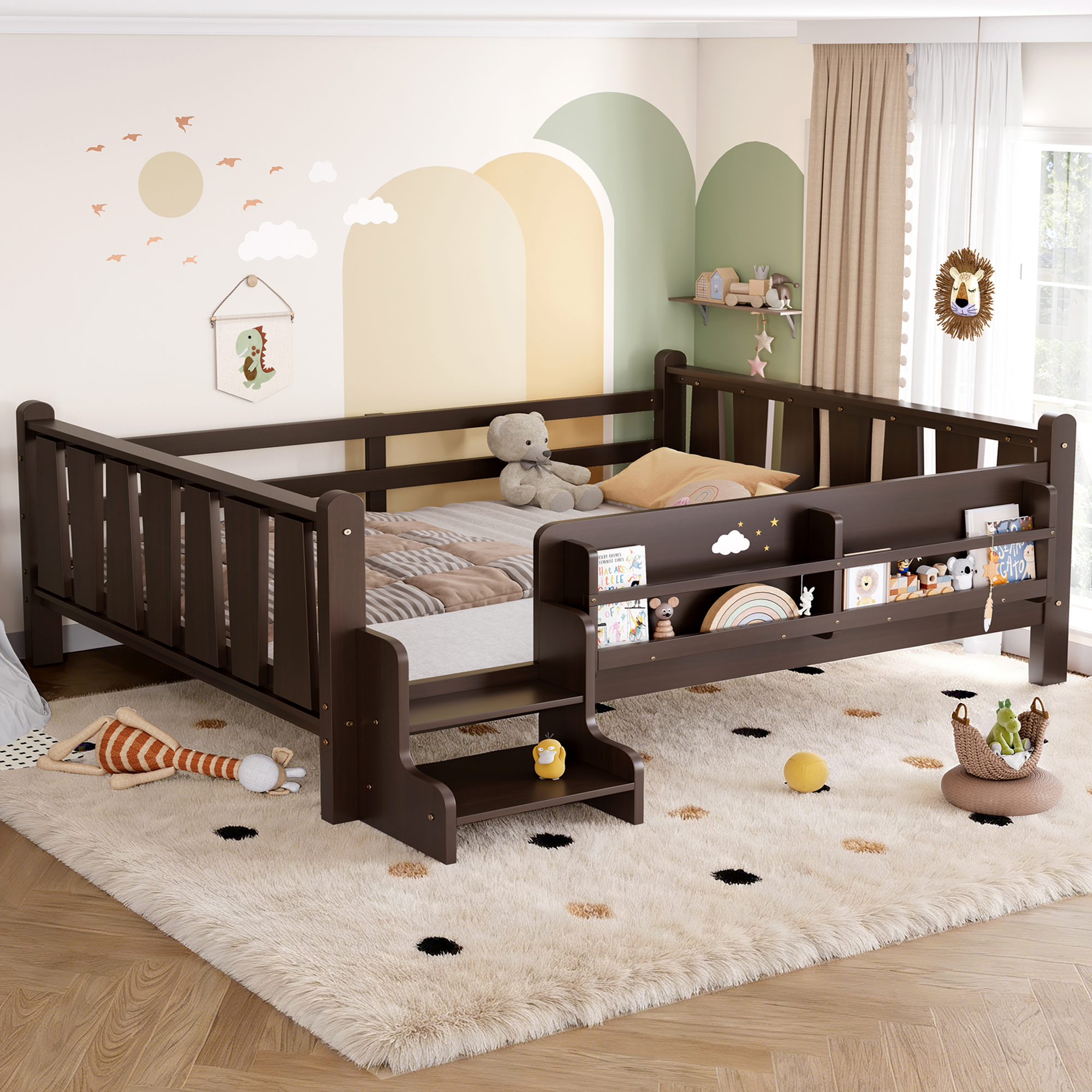 Full Size Floor Bed with Storage Bookcases, Solid Wood Kids Floor Bed with Cute Stairs and Guardrails, No Box Spring Needed, Espresso