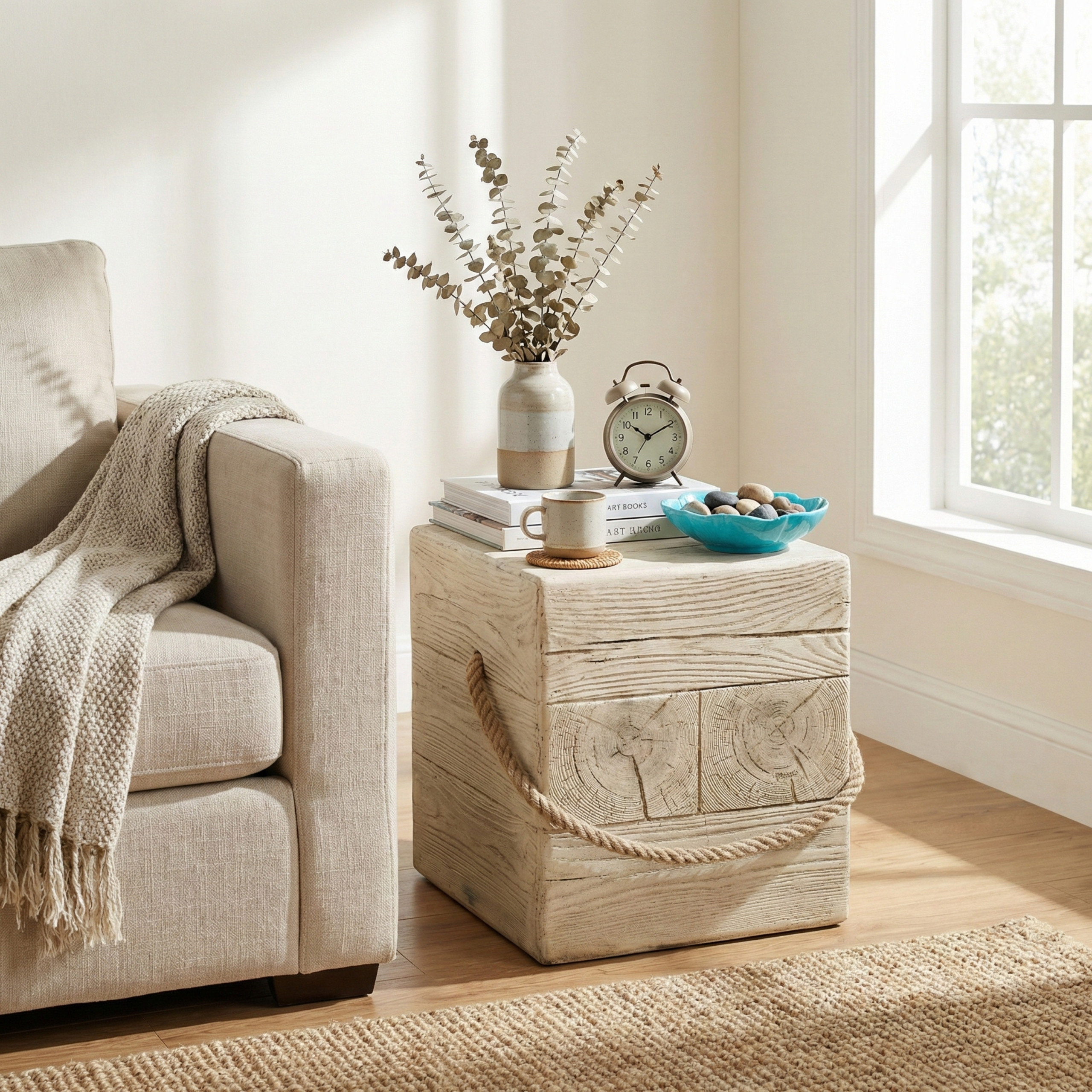 Outdoor Wood Grain Square MGO Side Table with Simulated Braided Cord – Indoor Retro End Table for Home & Patio Decor