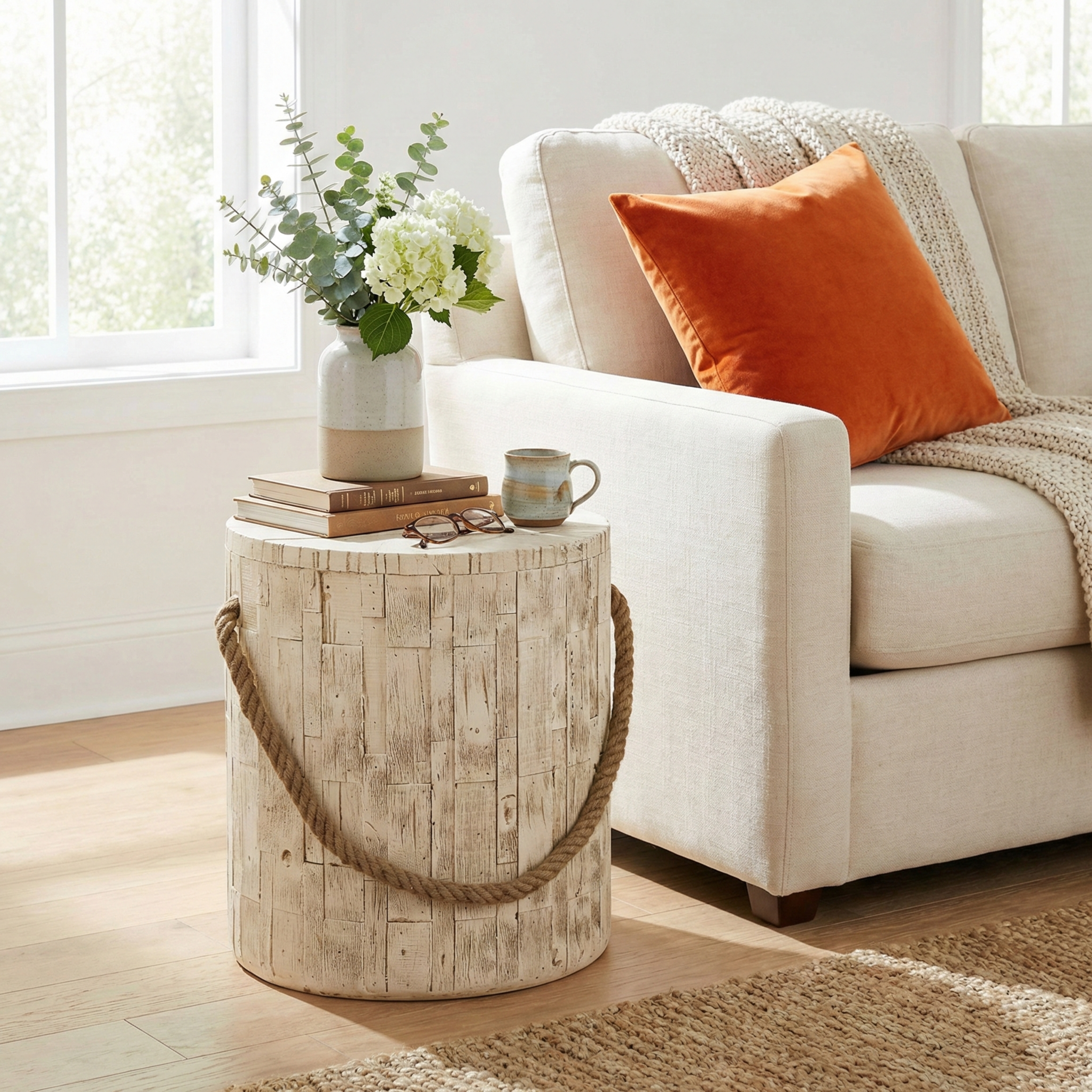 Outdoor Wood Grain Rustic MGO Side Table with Realistic Wood Vibe & Simulated Braided Cord – Indoor End Table for Home, Office, Living Room & Outdoor Decor