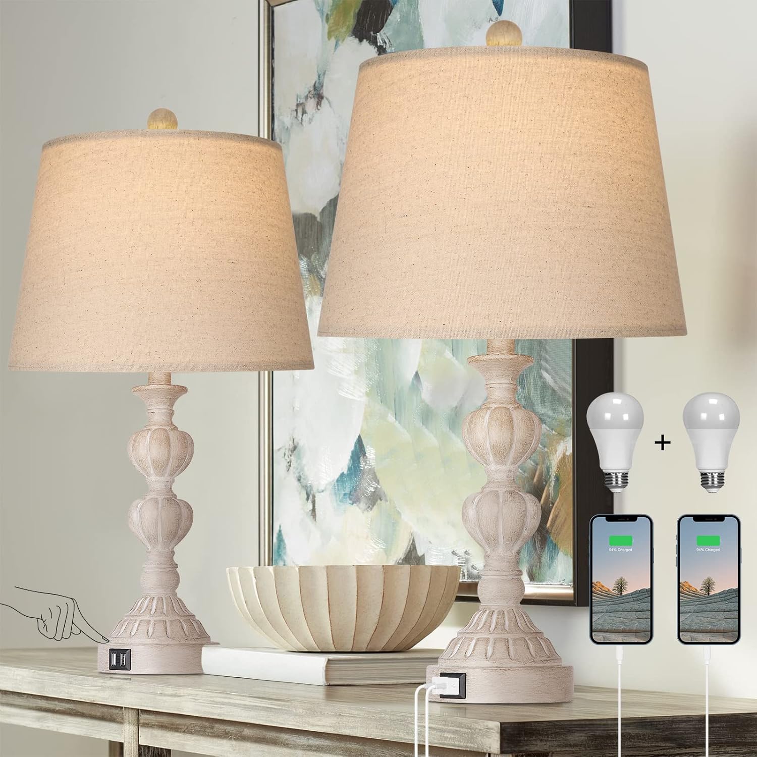 Touch Control Coastal Farmhouse Table Lamp Set of 2, 3-Way Dimmable Bedside Lamp with 2 USB Charging Ports, French Country Style Nightstand Lamp for Living Room, Bedroom – Washed White