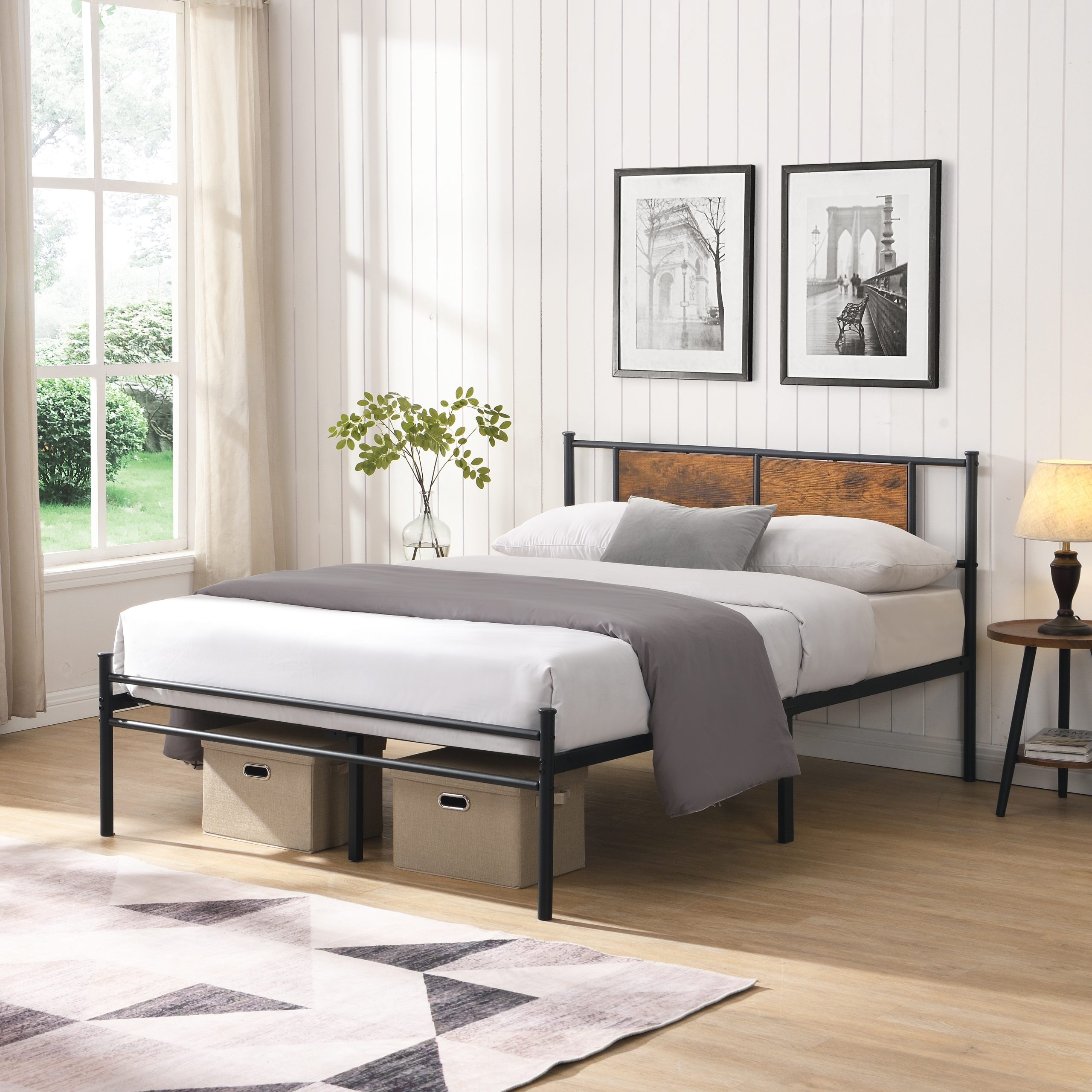 California King Bed Frames ,Headboard with wood panel decoration,black