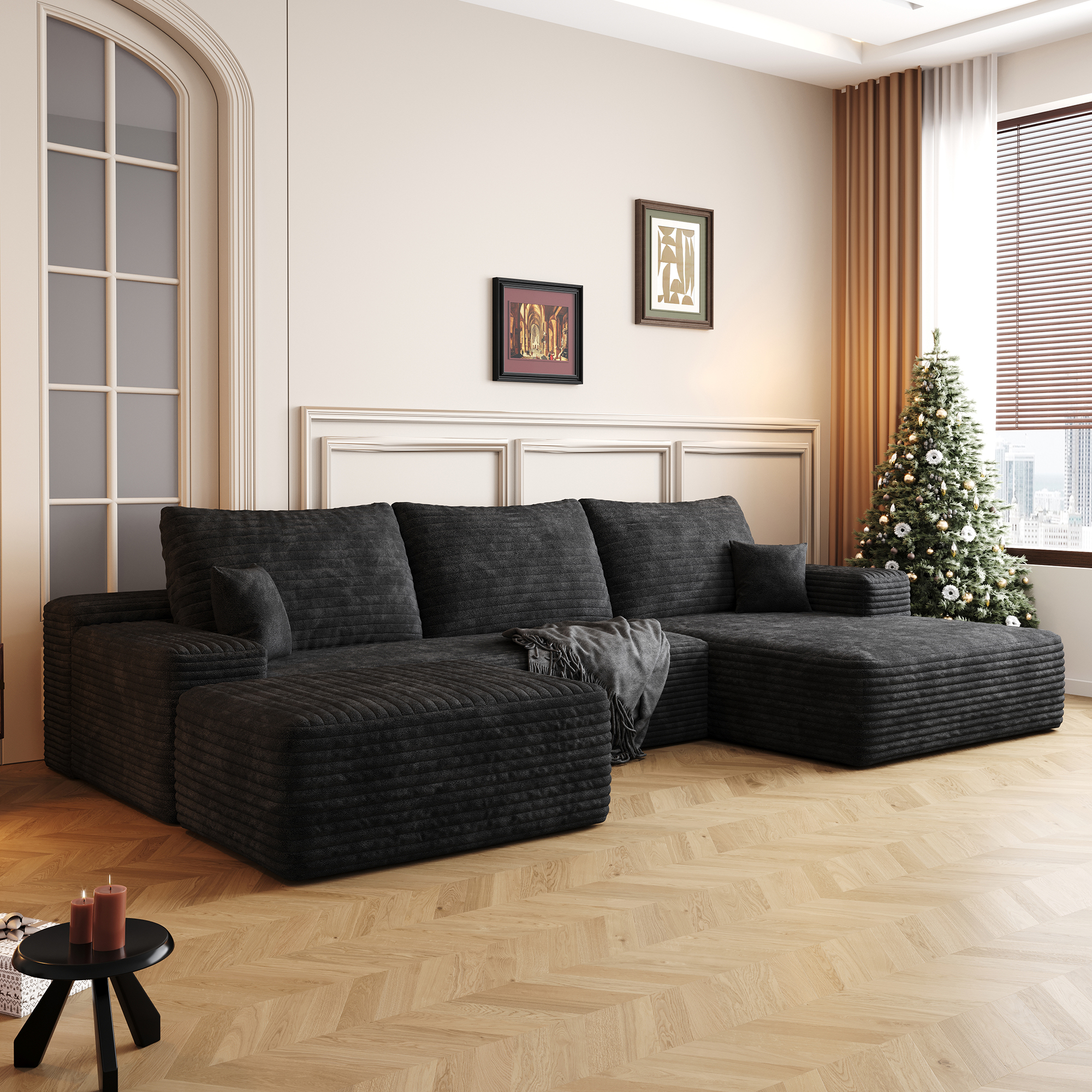 107″ Cloud Sectional Sofa with 1 Ottoman,Modern Minimalist Upholstered Couches,Comfort U Shaped Sofa for Living Room,Deep Seat Corner Couch,No Assembly Required,Black (Plush Corduroy Fabric)