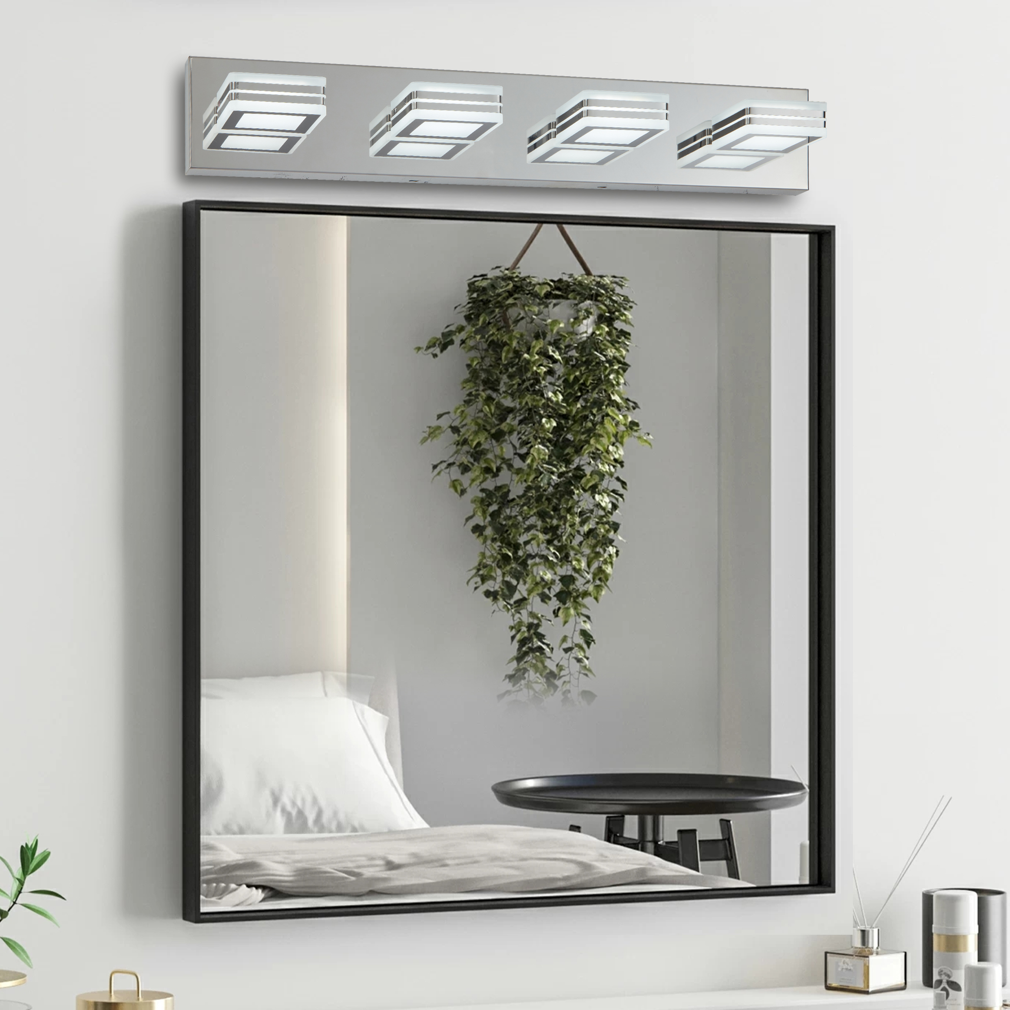 (NEW SKU:W1340P206805) 26″ Modern Chrome 4-Light LED Vanity Light, Square Acrylic Lampshades Wall Mount Fixture for Bathroom, Mirror Lighting
