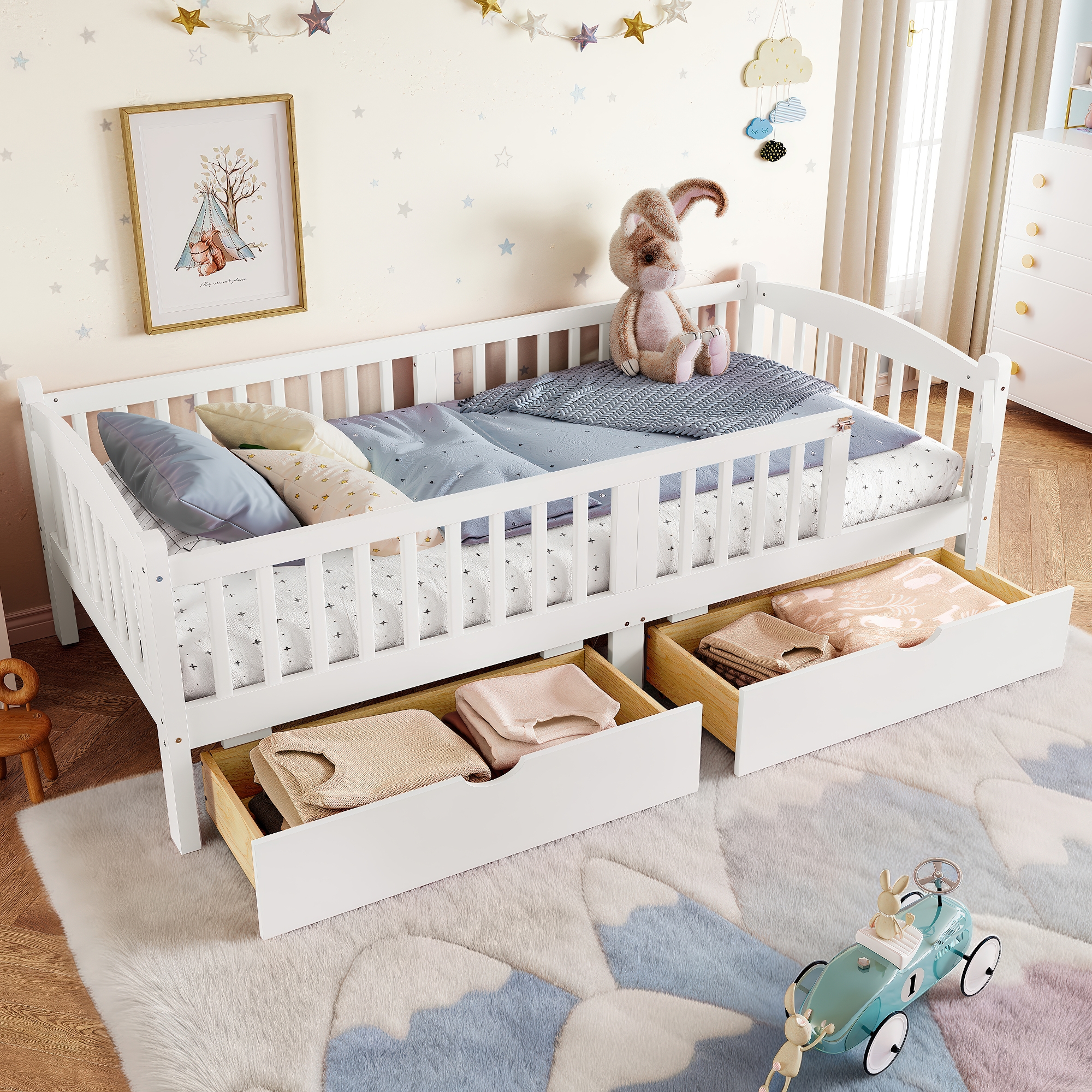 Twin XL Platform Bed with Full-length Guardrails, Kids Platform Bed with Storage Drawers, Childlike and Cute Headboard Design, White