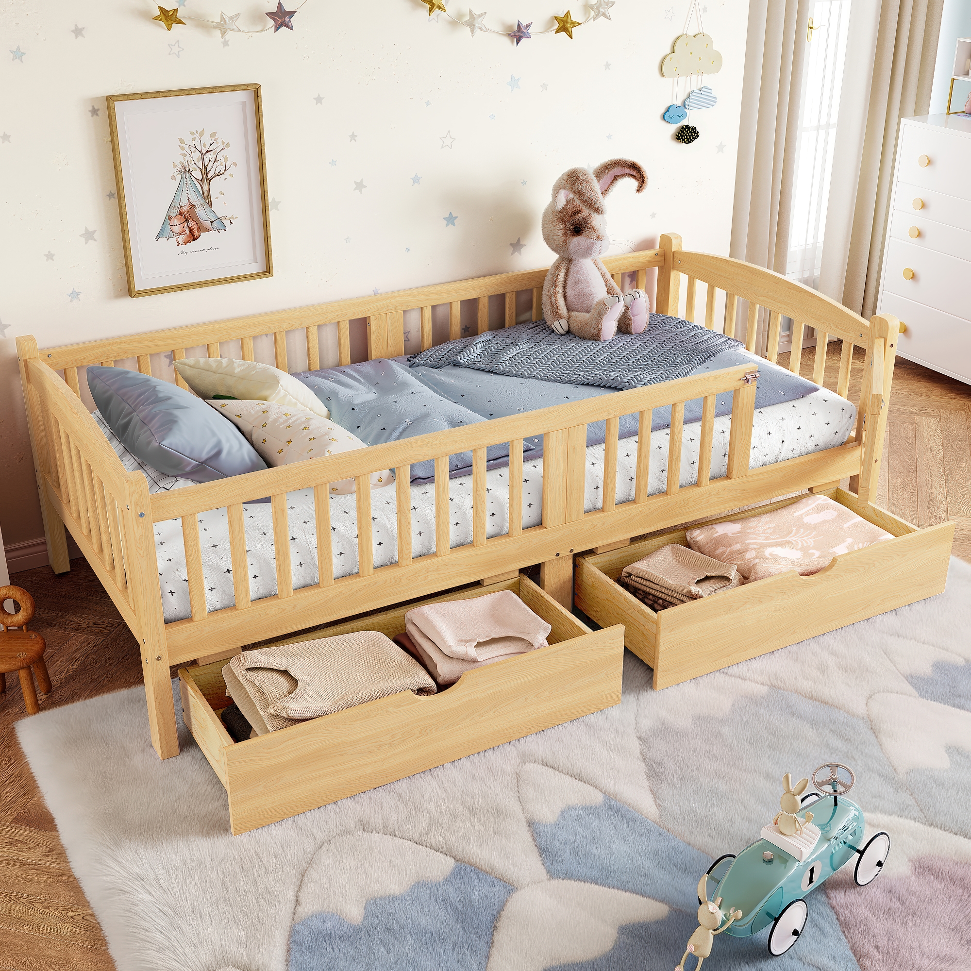 Twin XL Platform Bed with Full-length Guardrails, Kids Platform Bed with Storage Drawers, Childlike and Cute Headboard Design, Natural