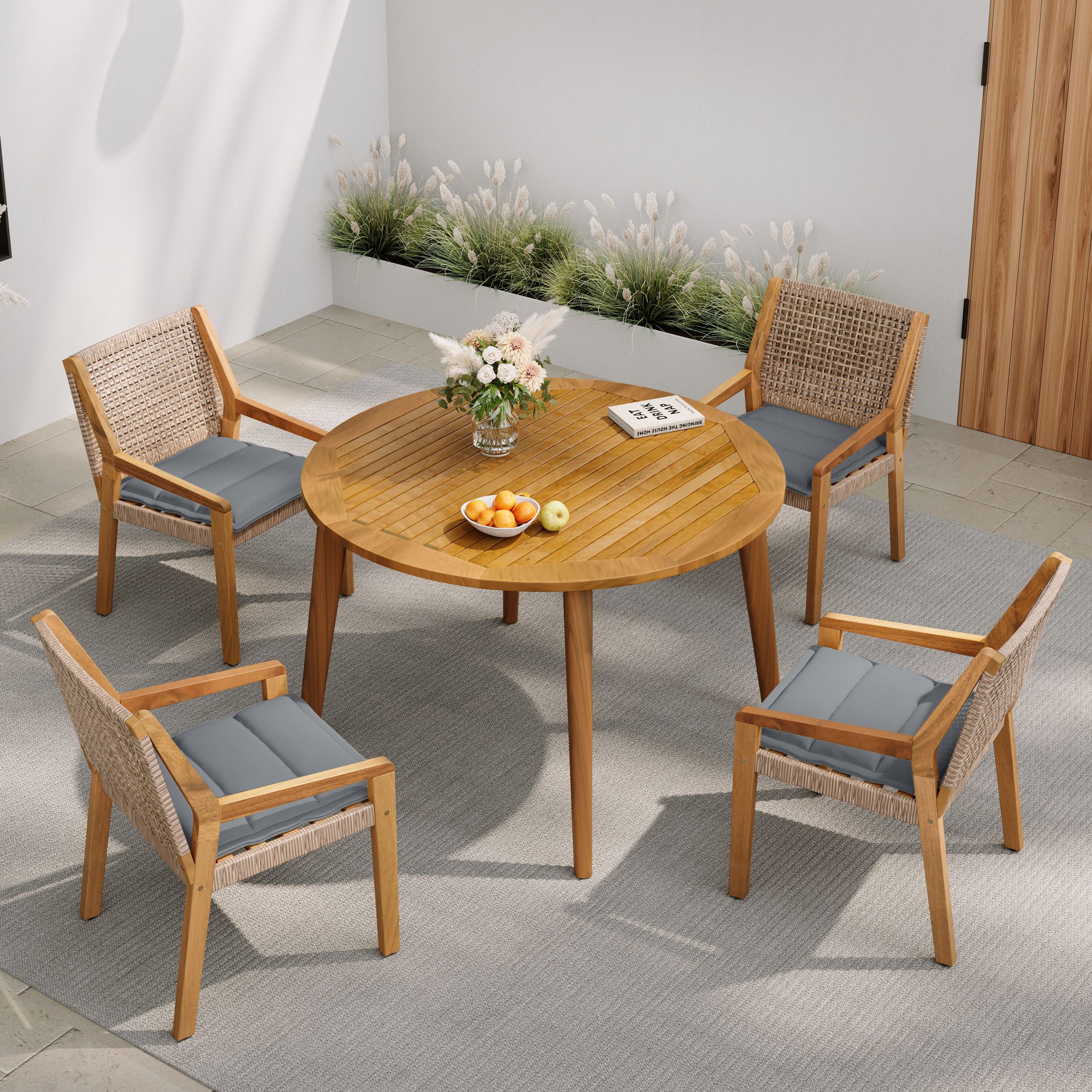 Modern 5-Piece Outdoor Dining Set – Acacia Wood Round Table & 4 Wicker Armchairs with Grey Cushions, Teak Finish, 400 lbs Chair Capacity, for Patio, Garden, or Deck