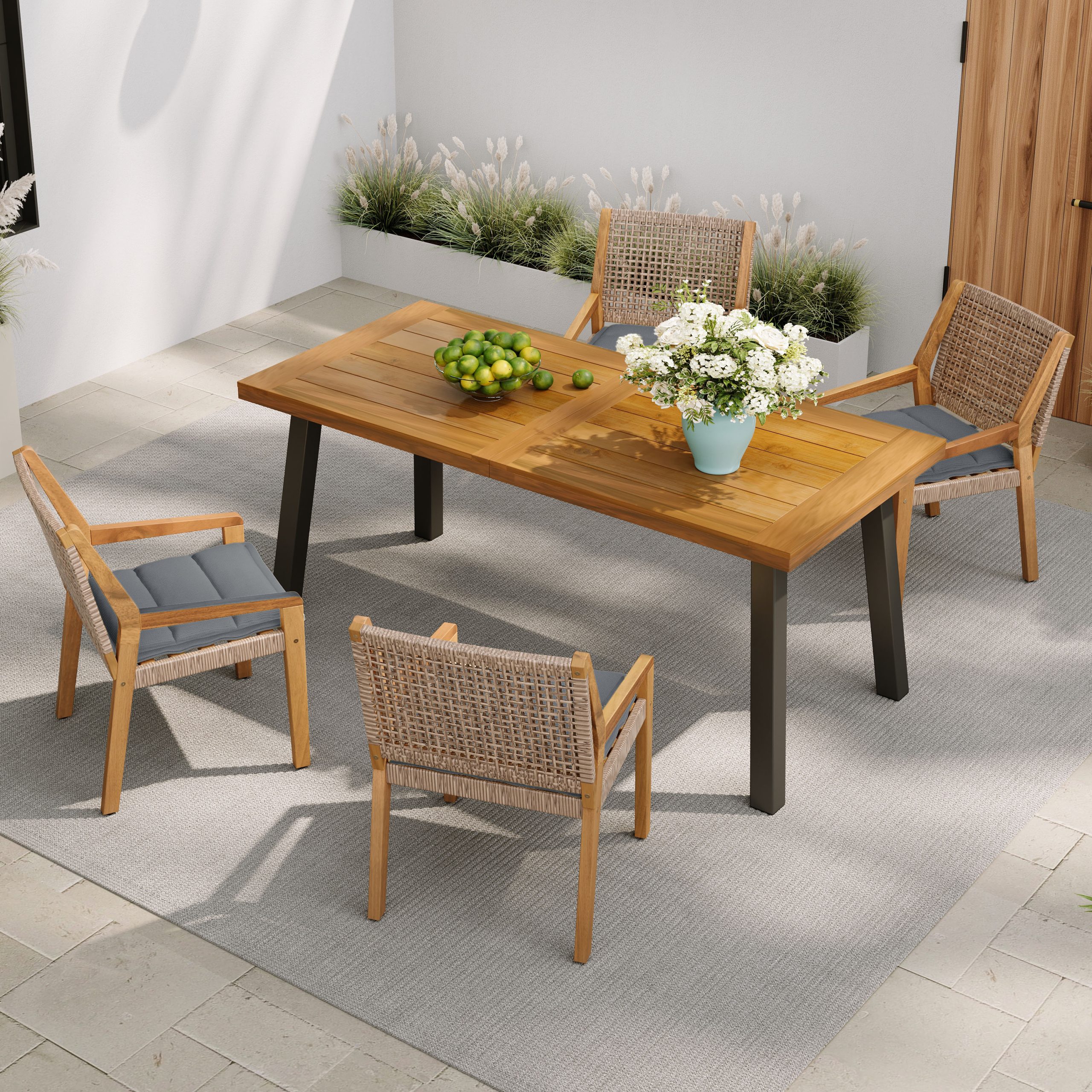 Modern Outdoor Dining Set – Acacia Wood Table with Iron Legs & 4 Wicker Armchairs, Teak Finish, 400 lbs Chair Capacity, for Patio, Garden, or Deck
