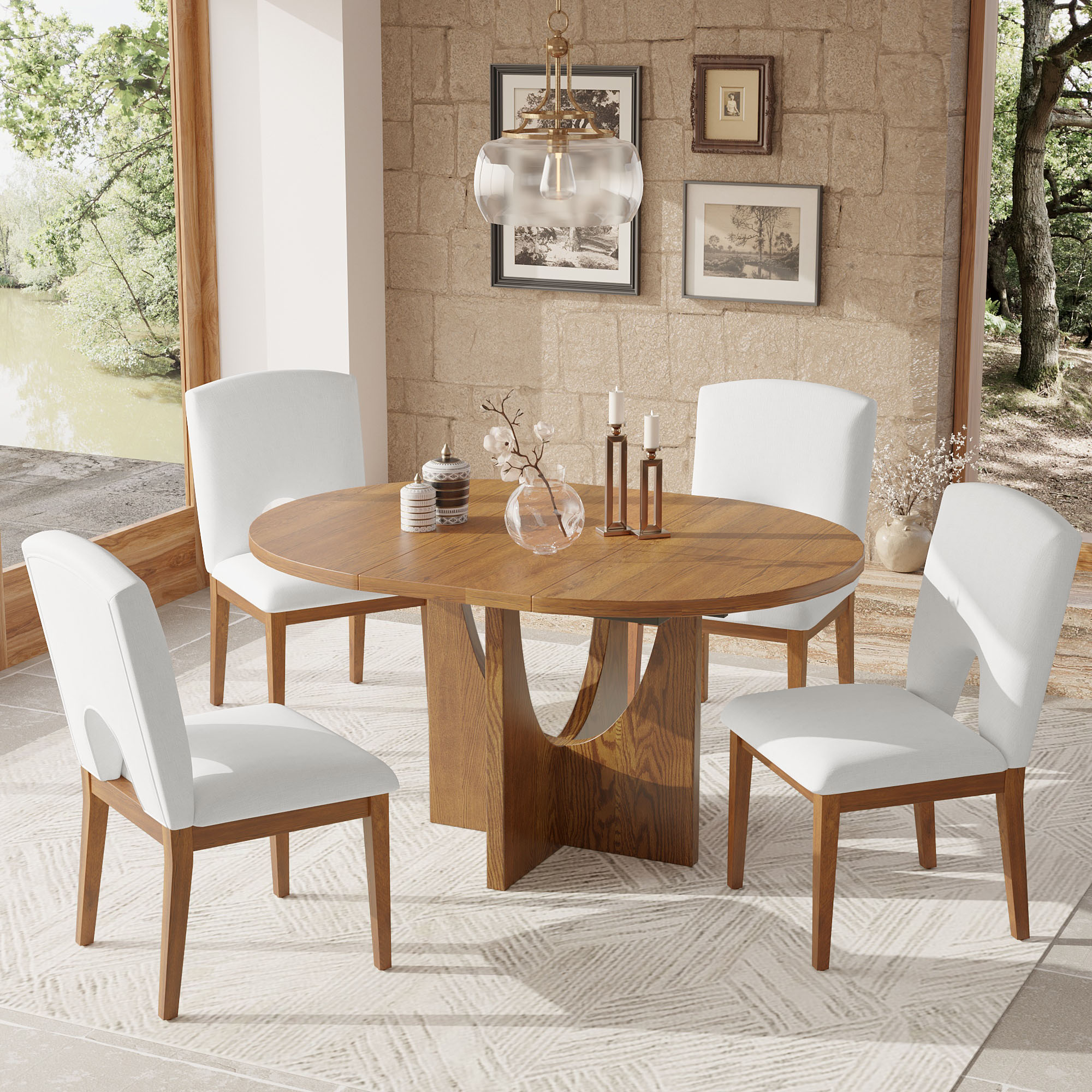 TOPMAX Modern 5-Piece Extendable Round Dining Table Set with 16.2inch Removable Leaf for Small Places, Walnut(old sku:SP000062)