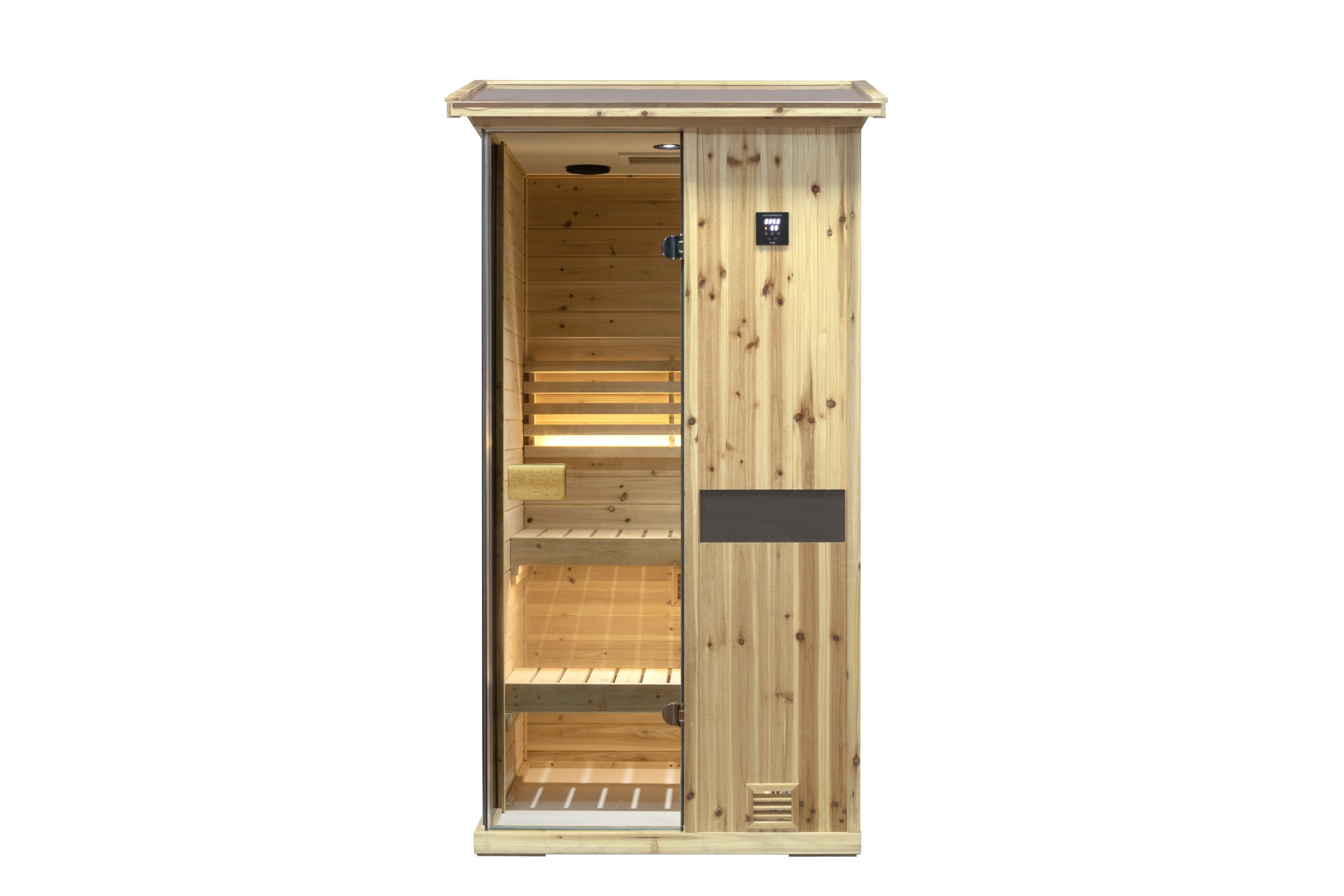 One person outdoor wooden steam sauna room