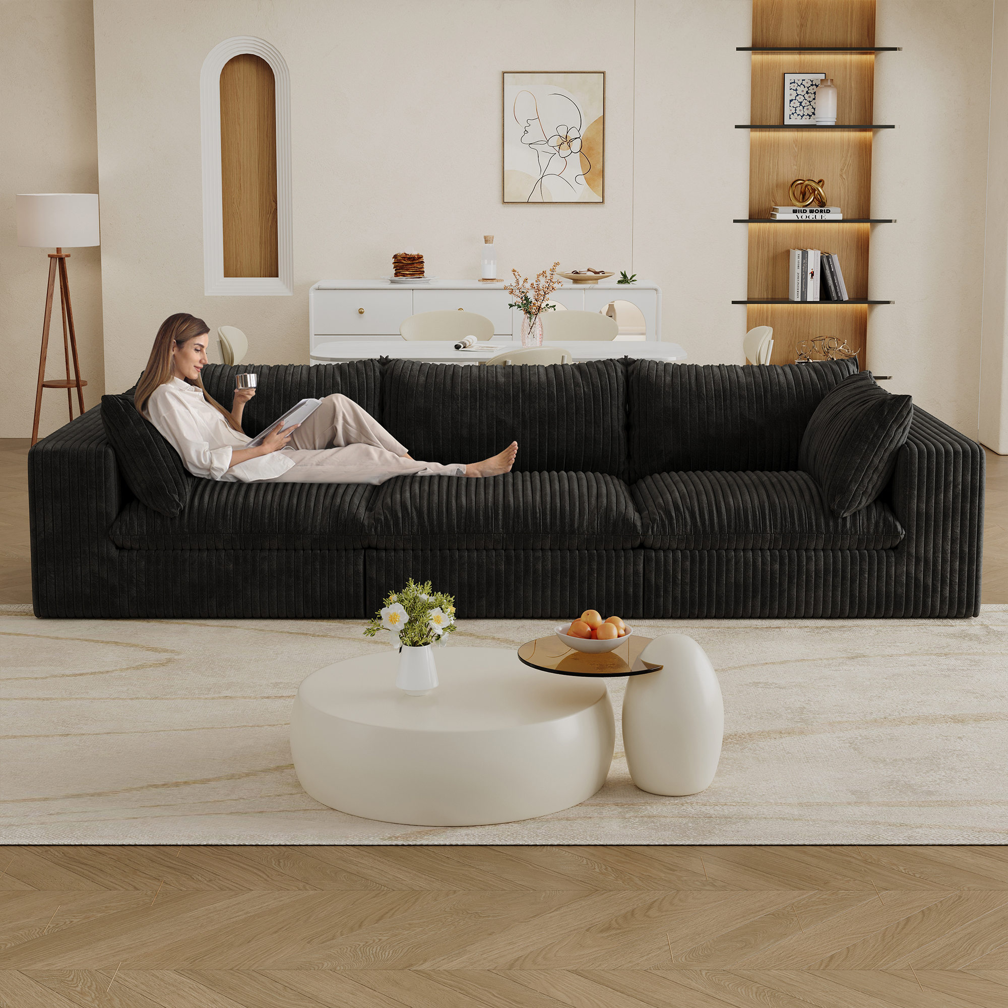 118.2″ Cloud Sofa,Corduroy Fabric,Deep Seat Couches,Double-layer design,Removable  Cushion,No Assembly, DIY Combination for Living room, Bedroom,Conference room ,Apartment,Black