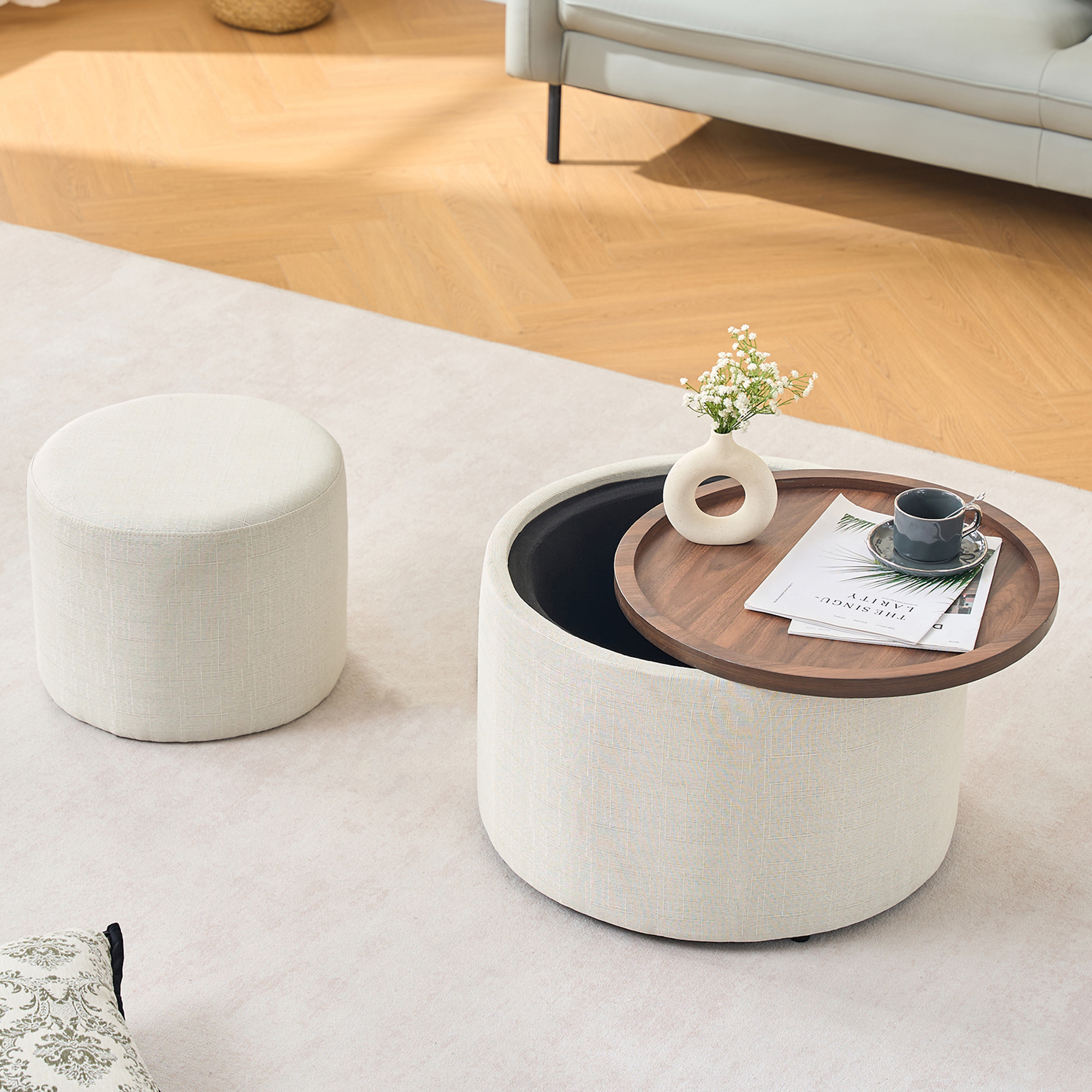 Ball & Cast Nesting Storage Ottomans of 2, Linen Upholstered Footstool w/Wood Tray, 22.75″ Round Coffee Table & Bench, Beige