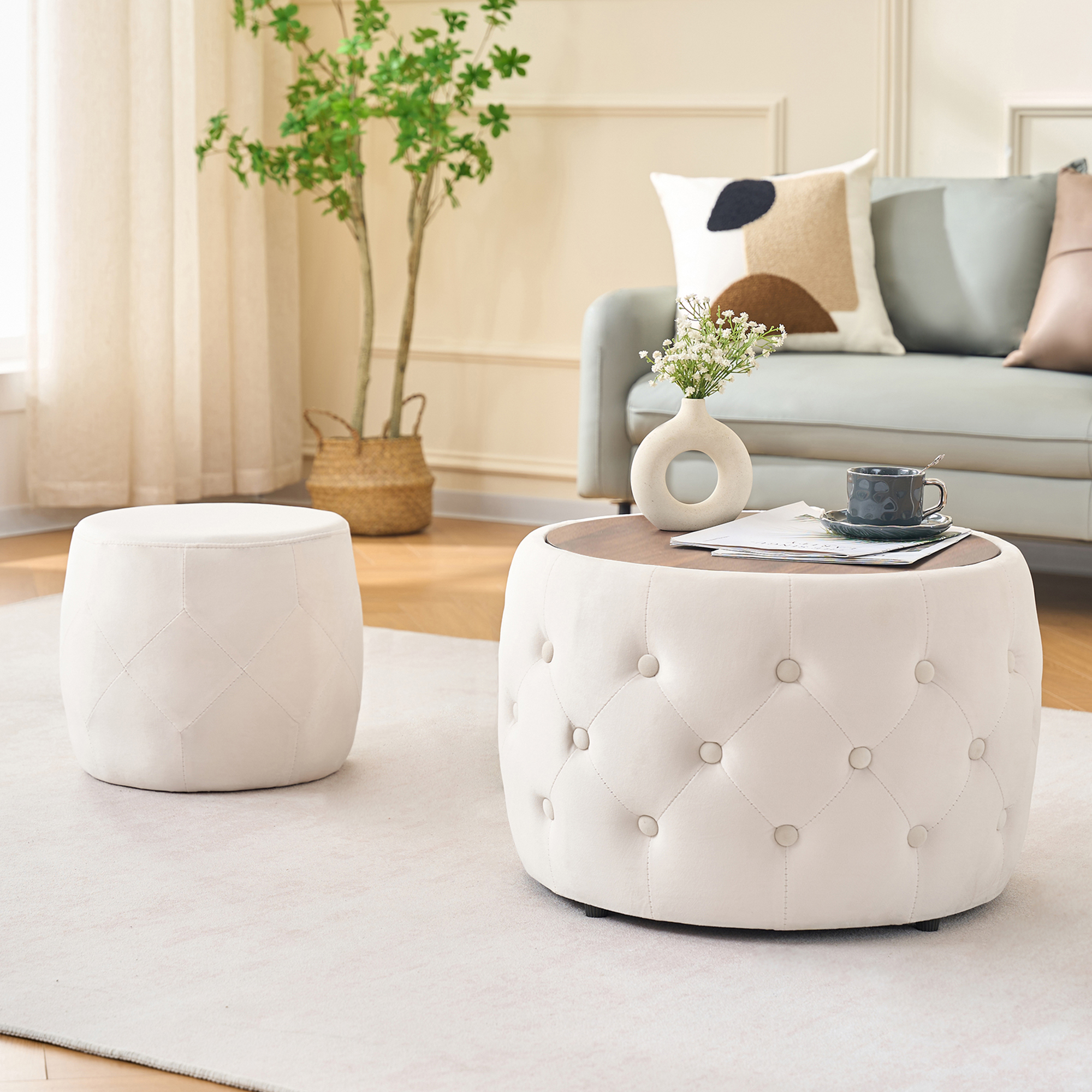 Luxurious Velvet Nesting Ottomans of 2, 4-in-1  Function, Round Storage Foot Stool with Wood Tray, No Assembly Needed, Beige (22.75″x22.75″x15″H)