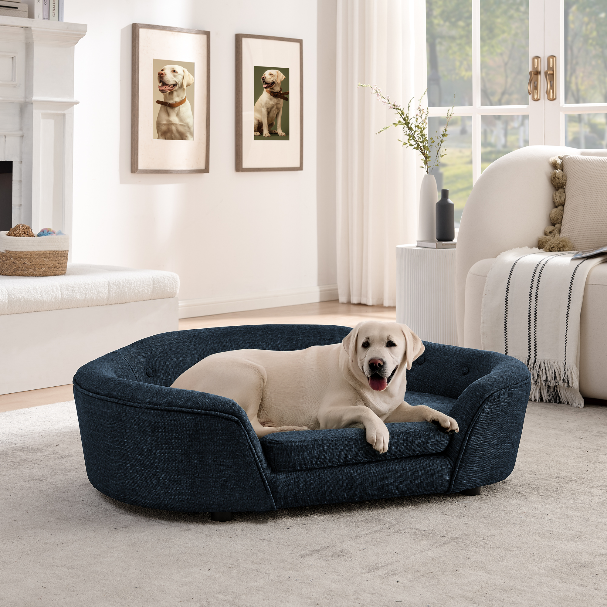 OVERSIZED Size Oval Semi-Enclosed Dog Sofa – Durable Linen Material, Button-Tufted Backrest, High-Center Low-Sides Support & Plush Comfort-