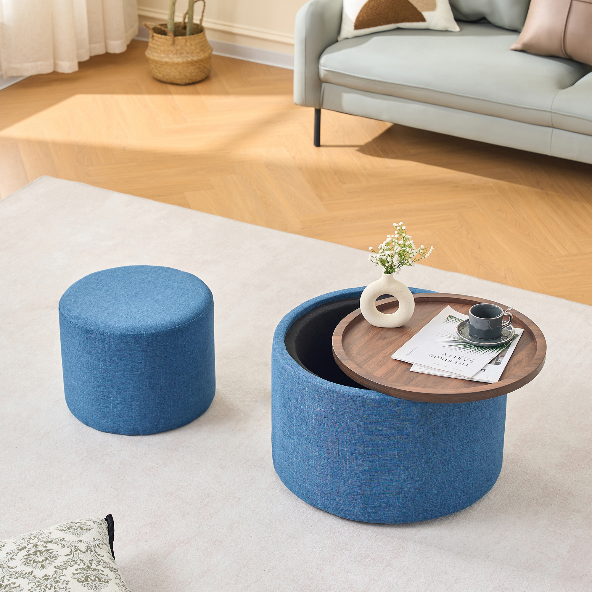 Ball & Cast Nesting Storage Ottomans of 2, Linen Upholstered Footstool w/Wood Tray, 22.75″ Round Coffee Table & Bench, Blue