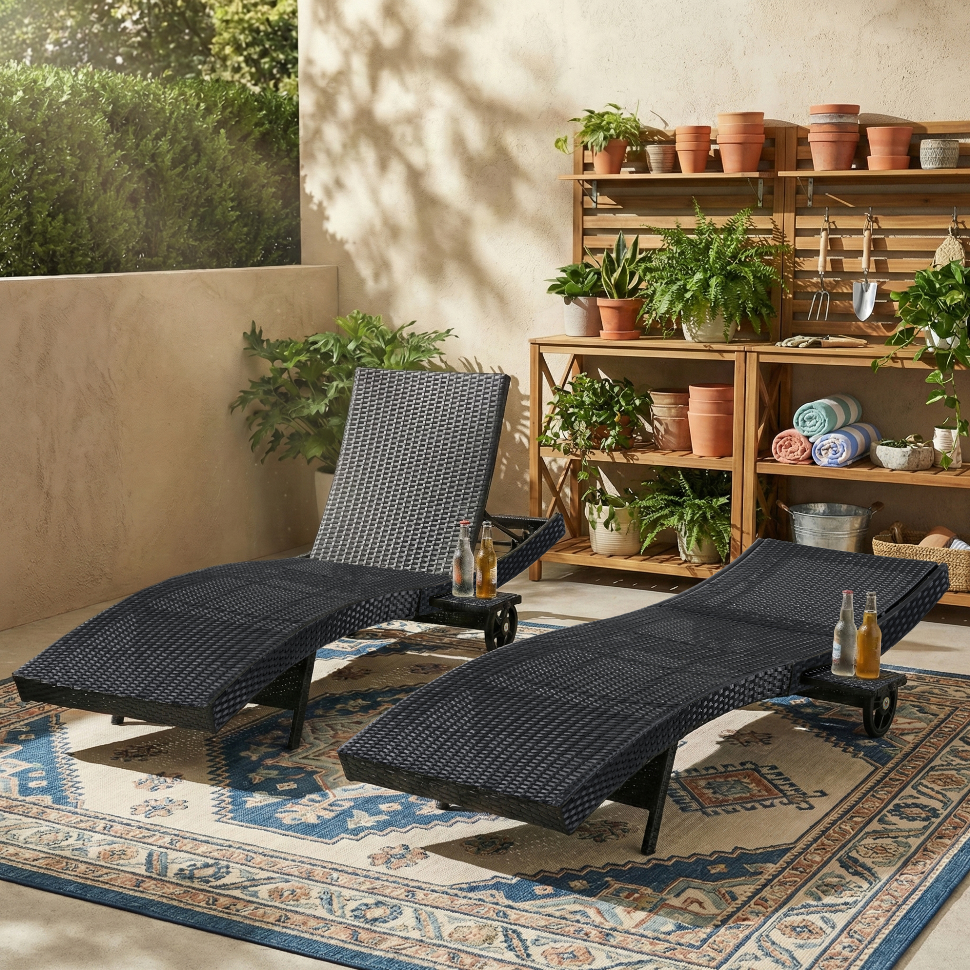 K&K 80″ Patio Wicker Chaise Lounge Chairs Set of 2, Outdoor Rattan Reclining Lounge Chair w/ Rolling Wheels & Pull-out Side Table, Adjustable Backrest, Ergonomic Wave Design for Poolside, Black