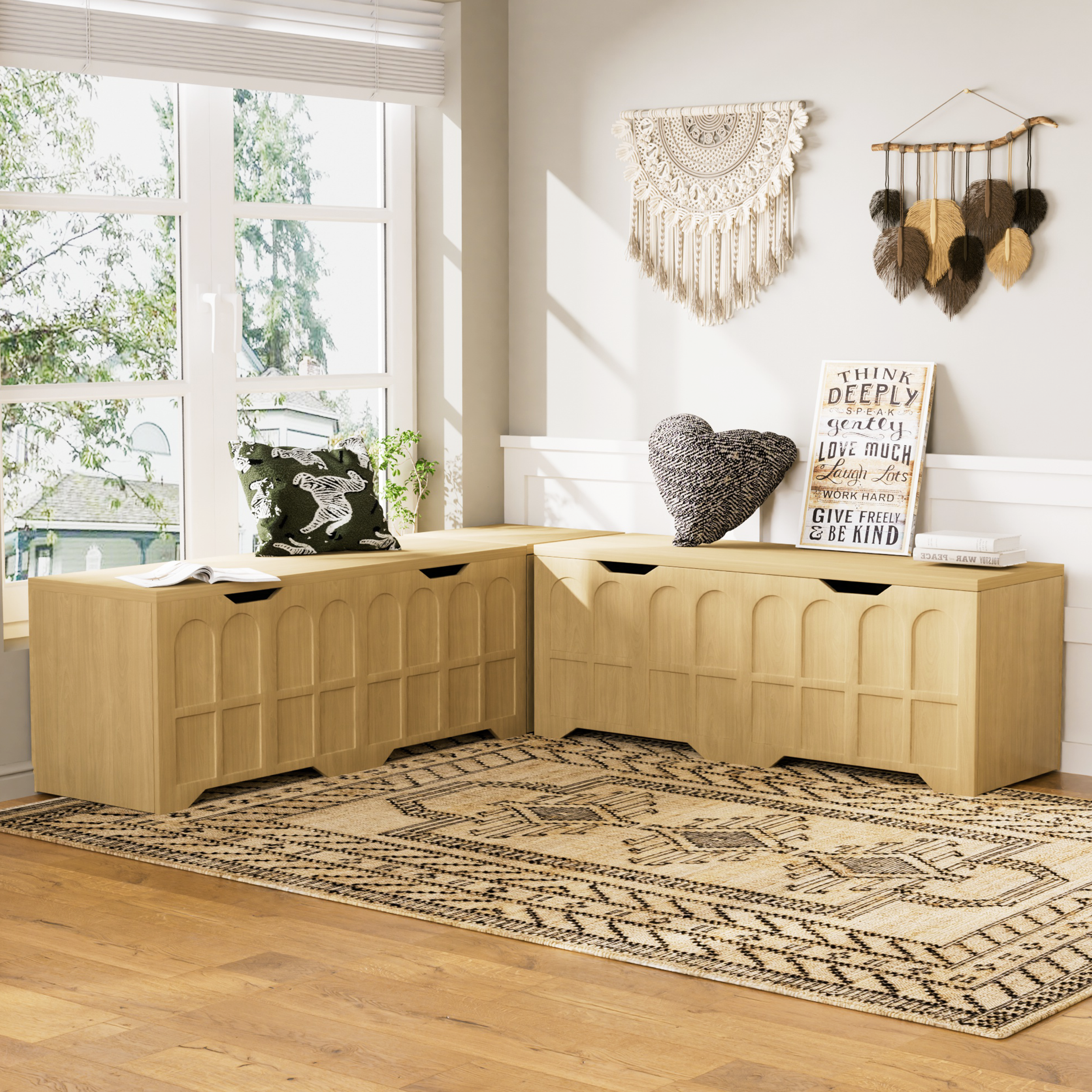 3-Piece L-shaped multifunctional storage bench with padded shoe bench, serves as a kitchen corner stool, toy storage box, or reading nook seat, natural color, 63″D x 63″W x 19.1″H