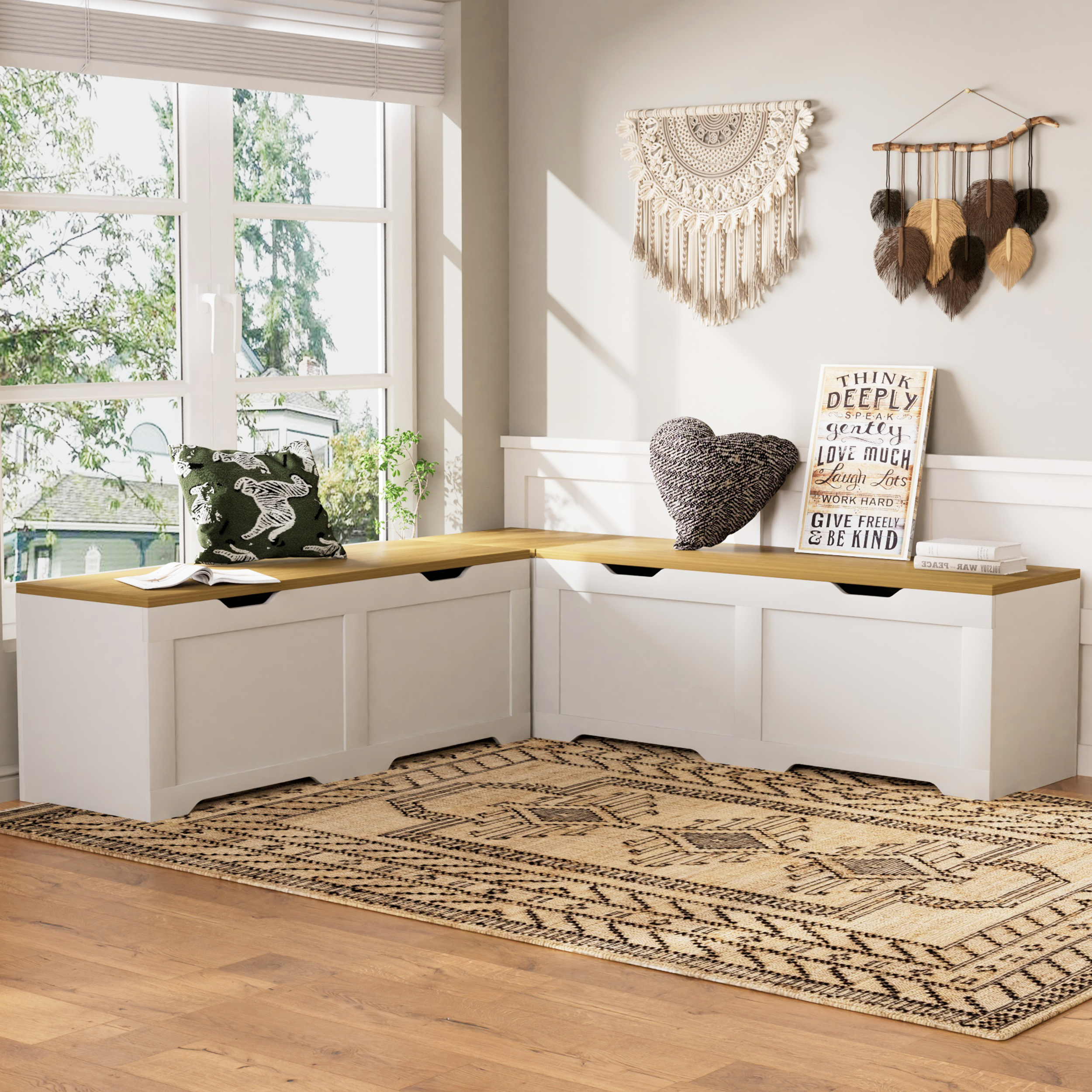 3-Piece L-Shaped Multi-Functional Storage Bench with Cushion, serving as a kitchen corner bench, toy storage box, or reading nook seat., White and Natural, 63″D x 63″W x 19.1″H