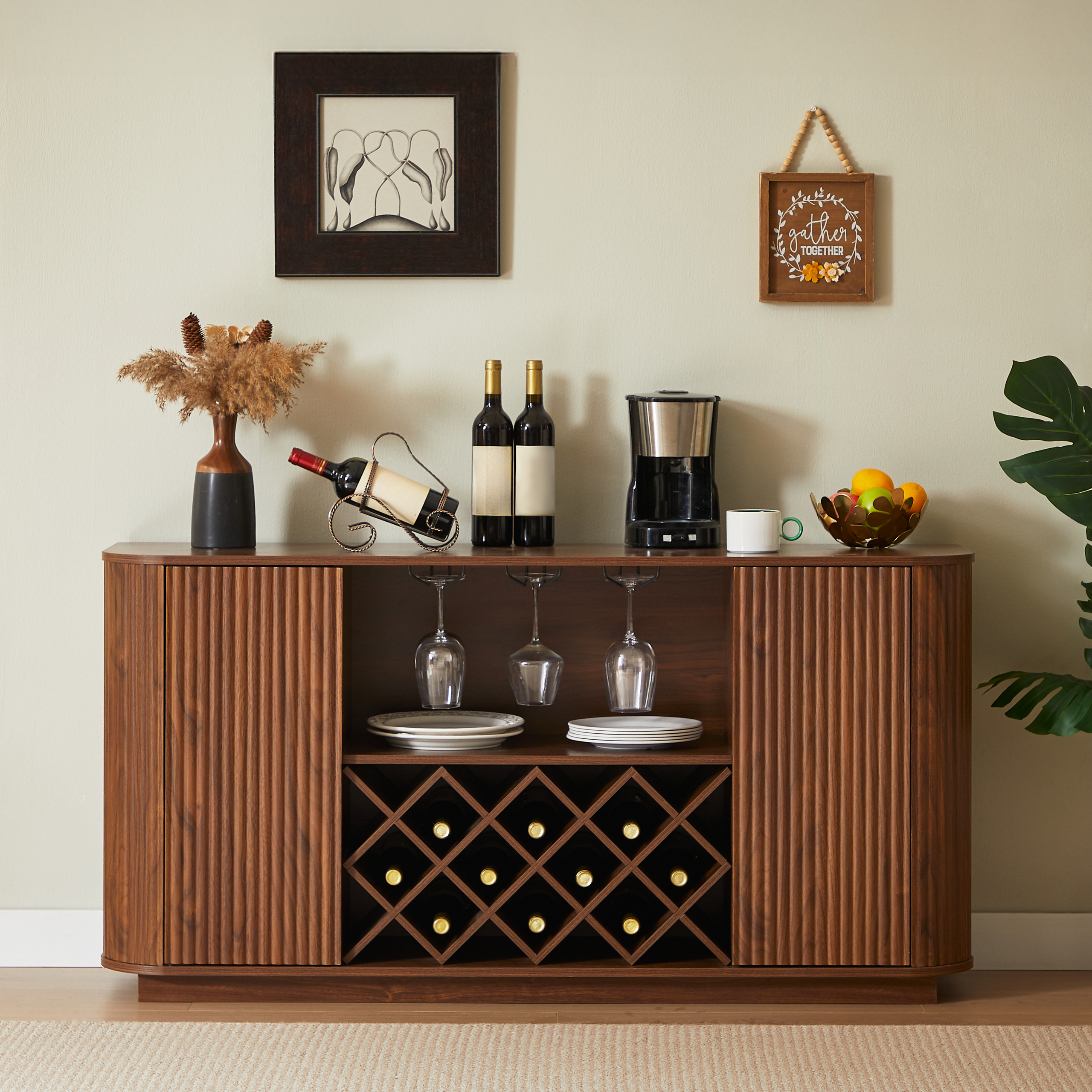 58″ Modern Wavy Curve Sideboard-Multifunctional storage cabinet with wine rack and glassware holder, adjustable shelves for wine storage and coffee bar, suitable for kitchens and dining rooms.Walnut
