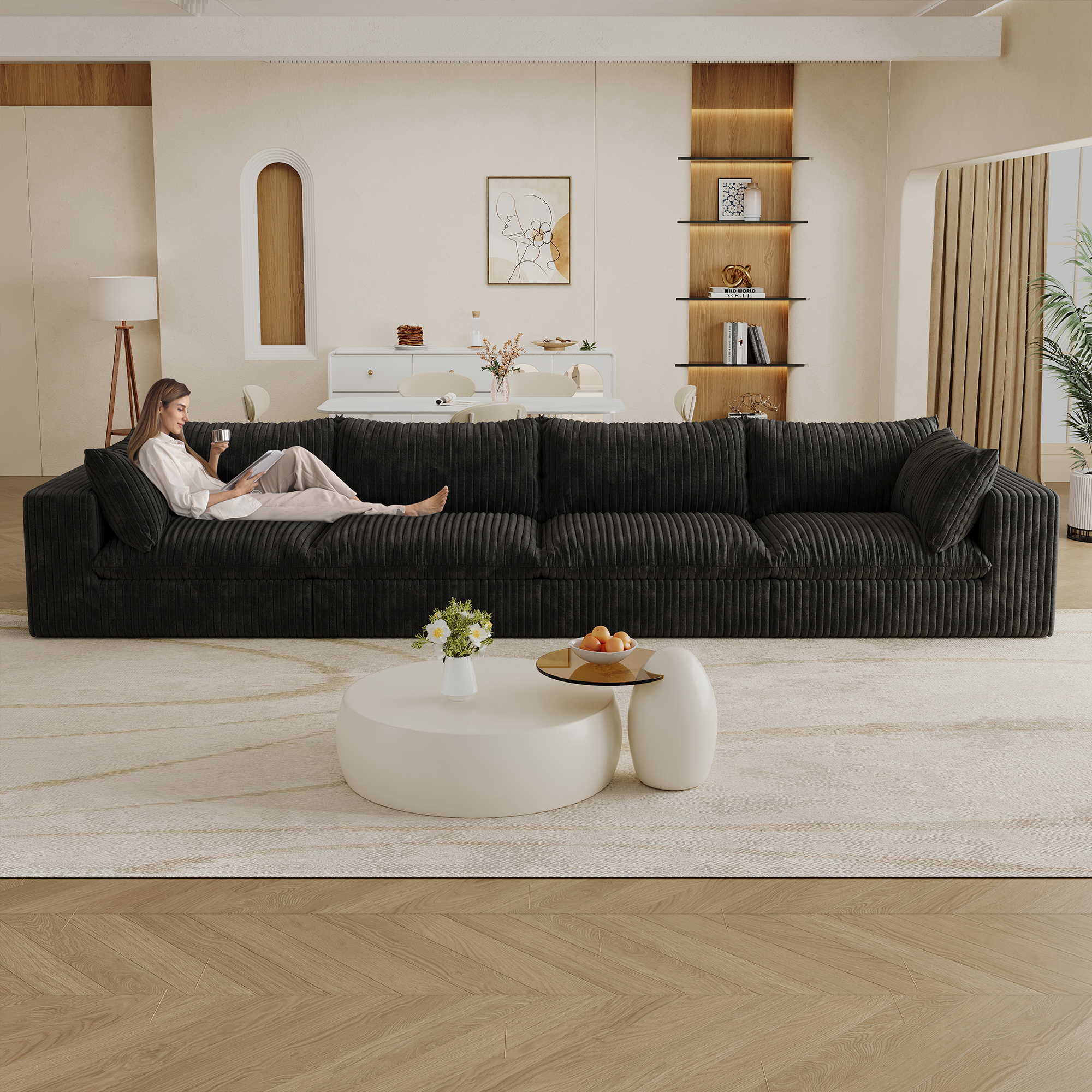 157.6″Cloud Sofa,Corduroy Fabric,Deep Seat Couches,Double-layer design,Removable  Cushion,No Assembly,DIY Combination for Living room, Bedroom,Conference room ,Apartment,Black
