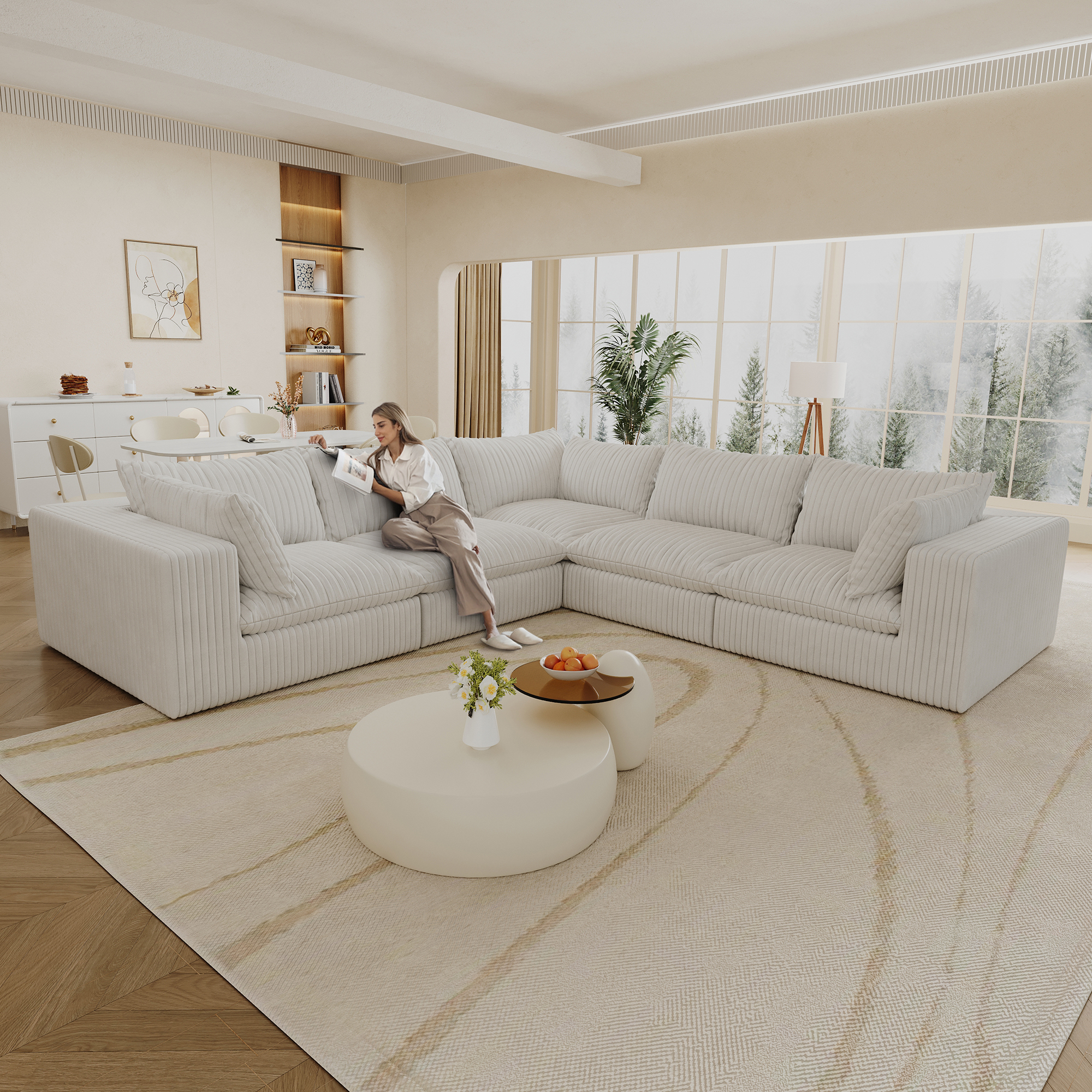 118.2″ Cloud Sofa,Corduroy Fabric,Deep Seat Couches,Double-layer design,Removable Cushion,No Assembly, DIY Combination for Living room, Bedroom,Conference room ,Apartment,WHITE