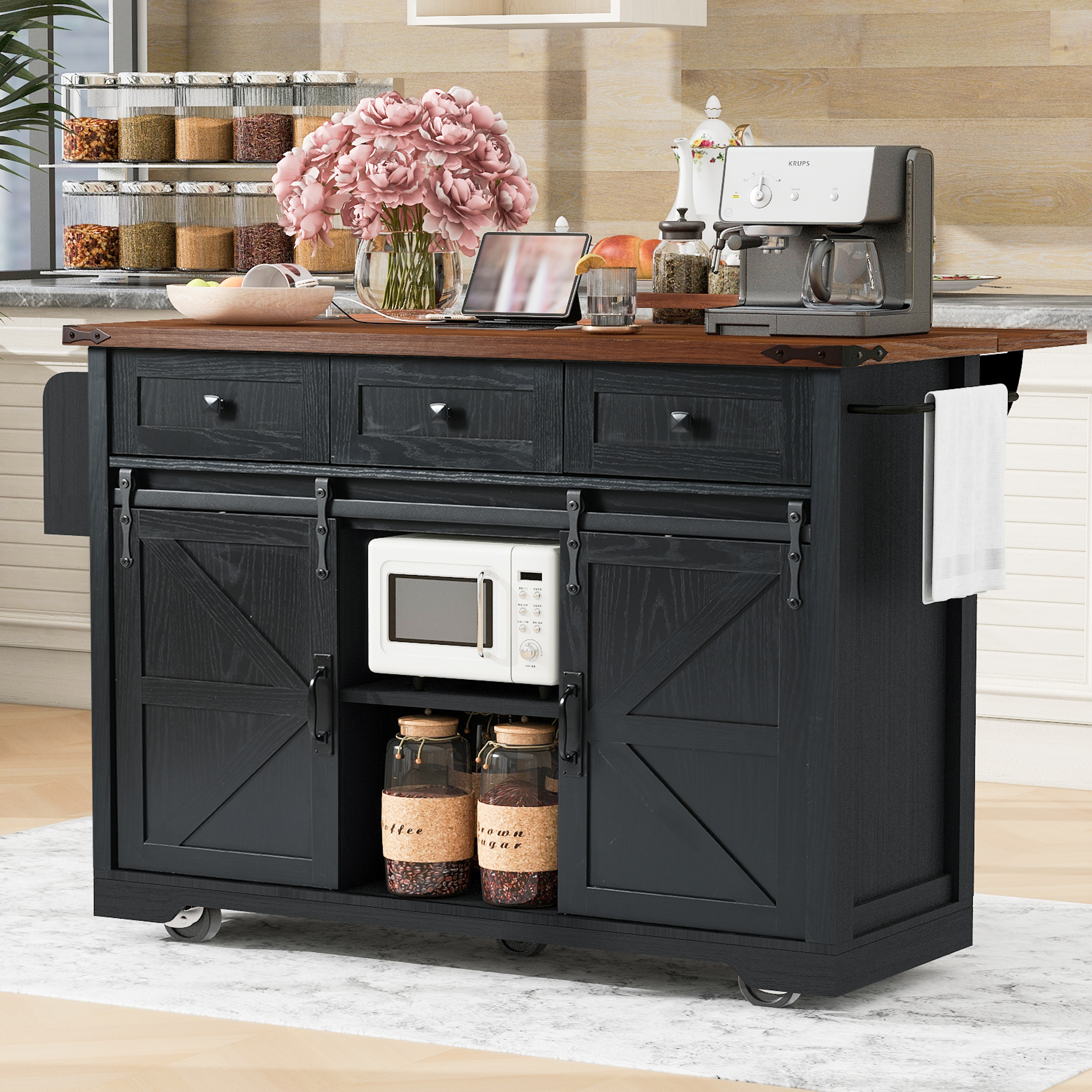K&K 53.7″ Farmhouse Kitchen Island with Power Outlet, 2 Sliding Barn Door Kitchen Storage Island with Drop Leaf, Spice Rack Rolling Kitchen Cart on Wheels, for Home, Kitchen and Dining Room, Black