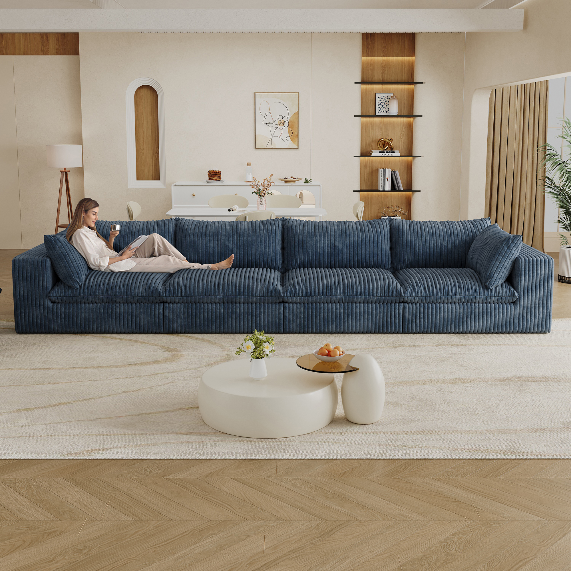 157.6″Cloud Sofa,Corduroy Fabric,Deep Seat Couches,Double-layer design,Removable  Cushion,No Assembly,DIY Combination for Living room, Bedroom,Conference room ,Apartment,Blue