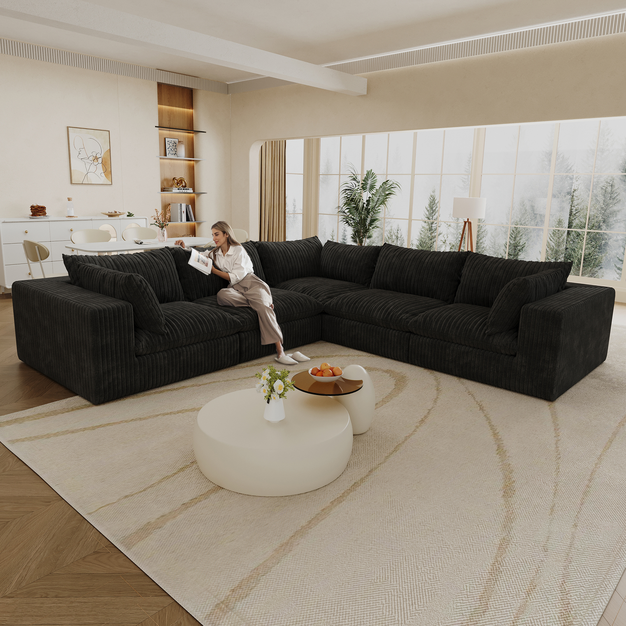 118.2″ Cloud Sofa,Corduroy Fabric,Deep Seat Couches,Double-layer design,Removable Cushion,No Assembly, DIY Combination for Living room, Bedroom,Conference room ,Apartment,Black