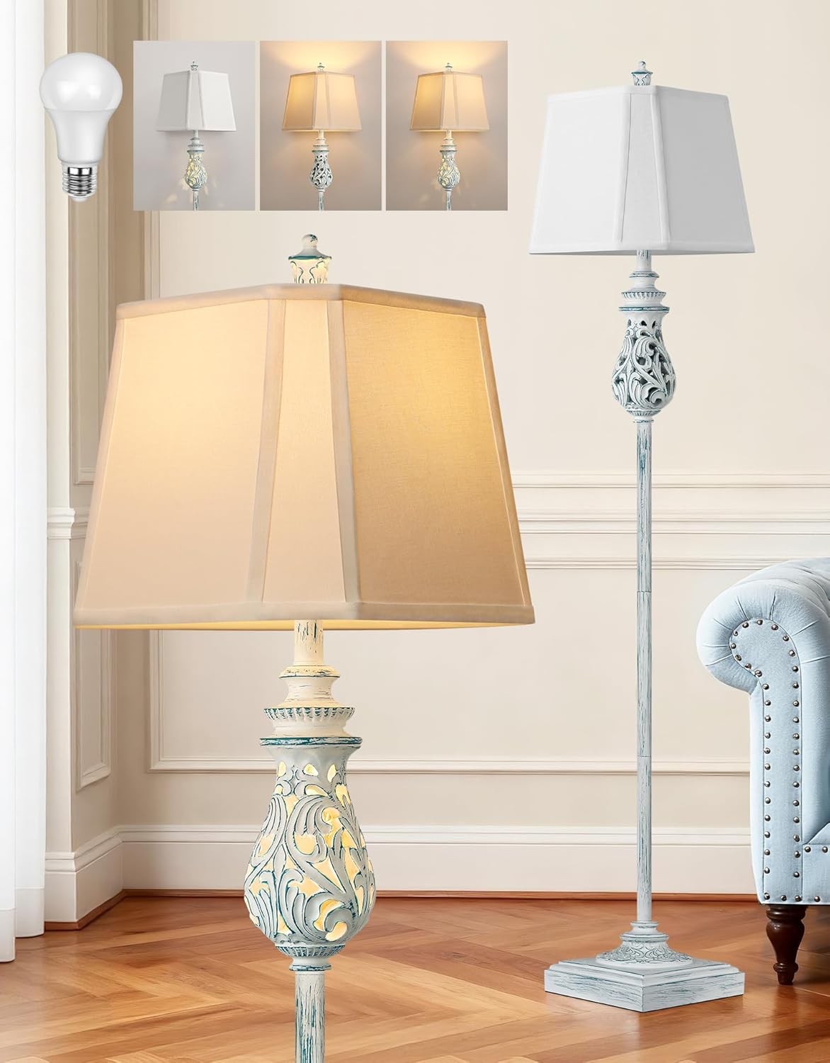 64” Vintage Floor Lamp with Nightlight, Rustic Farmhouse Tall Standing Lamp with Rotary Switch and White Linen Shade for Living Room, Corner, Bedroom, House Decor, Wash Blue (Bulb Included)