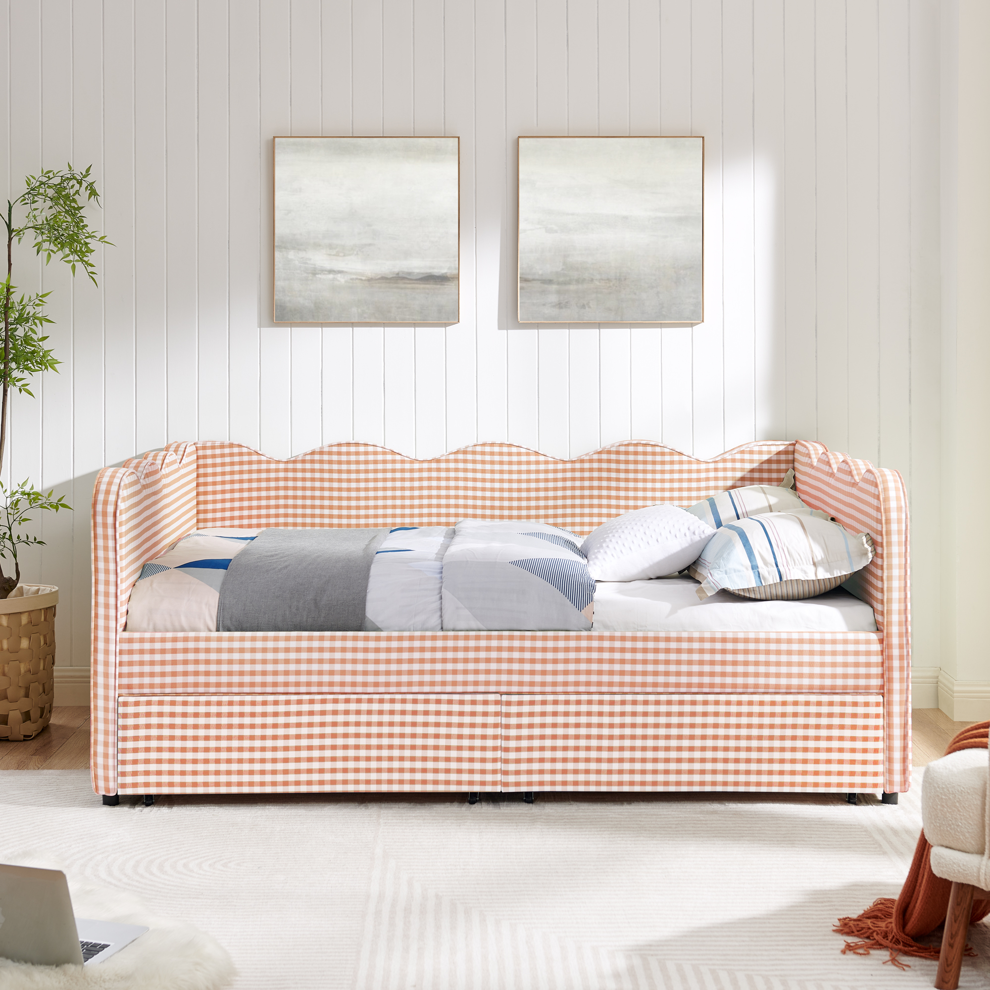 Full Size Cozy Gingham Daybed with Two Storage Drawers, with USB Port and Adorable Wave Shaped, Linen Fabric