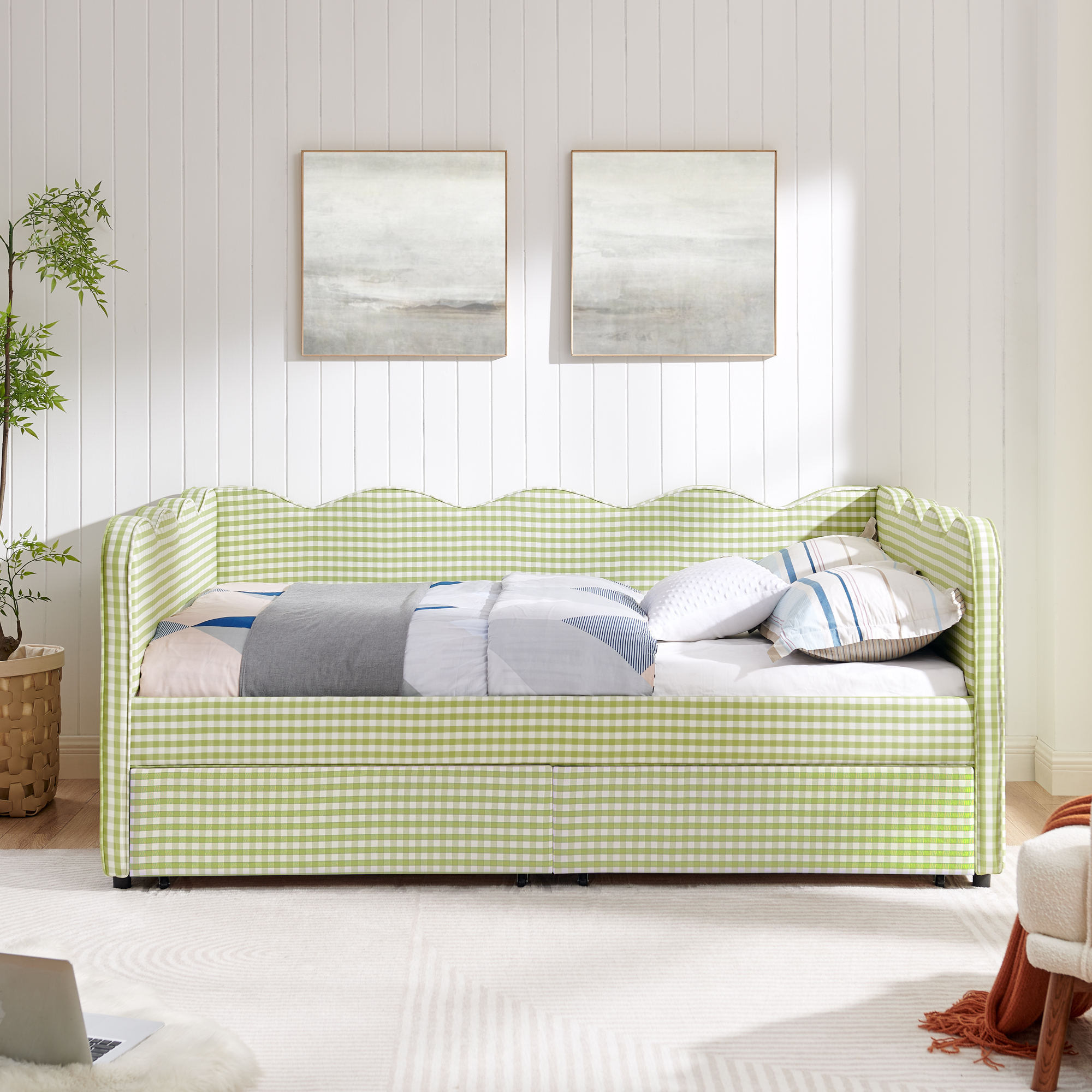 Full Size Cozy Gingham Daybed with Two Storage Drawers, with USB Port and Adorable Wave Shaped, Linen Fabric