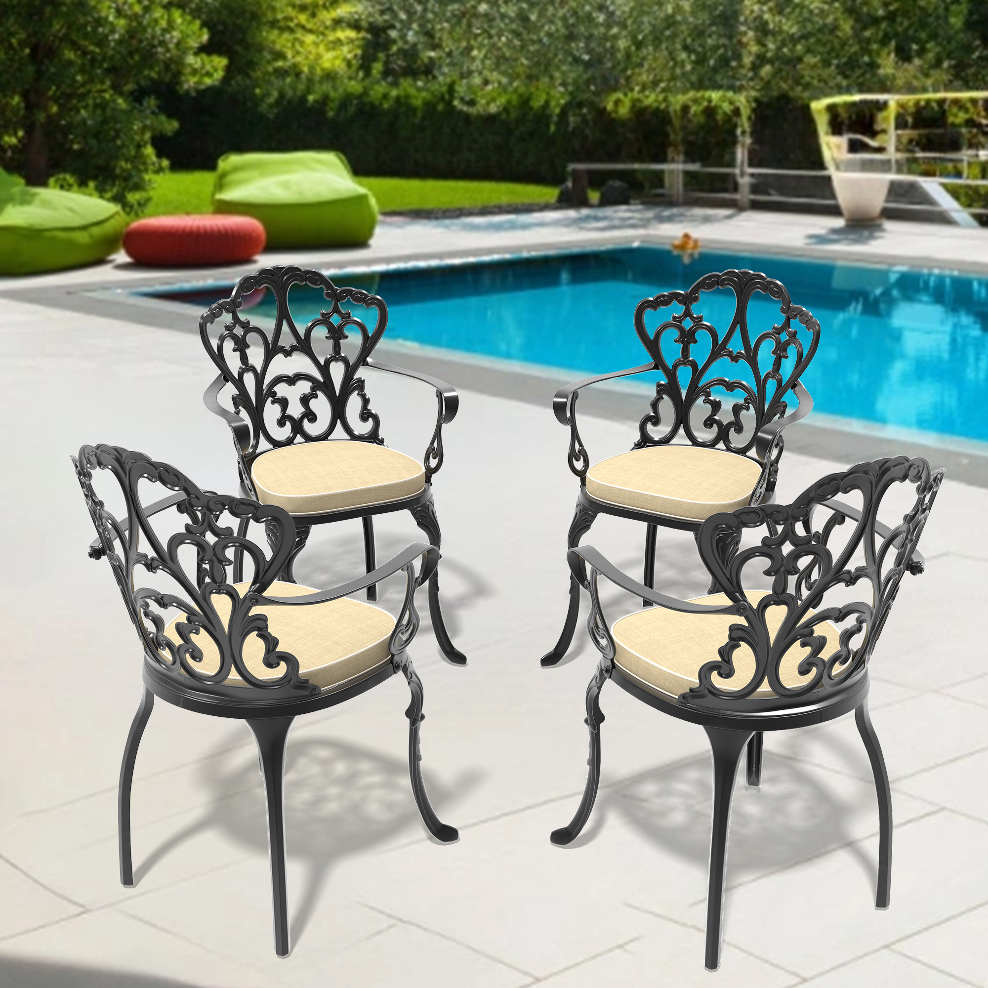 Cast Aluminum Patio Dining Chair 4PCS With Black Frame and Off-white Cushions (same as W1710S00506)