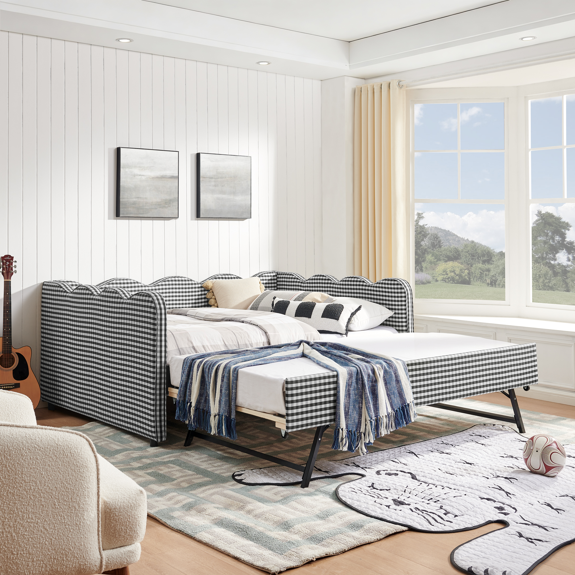 Full Size Cozy Gingham Daybed with Twin Size Trundle  No Box Spring Needed, with USB Port and Adorable Wave Shaped, Linen Fabric
