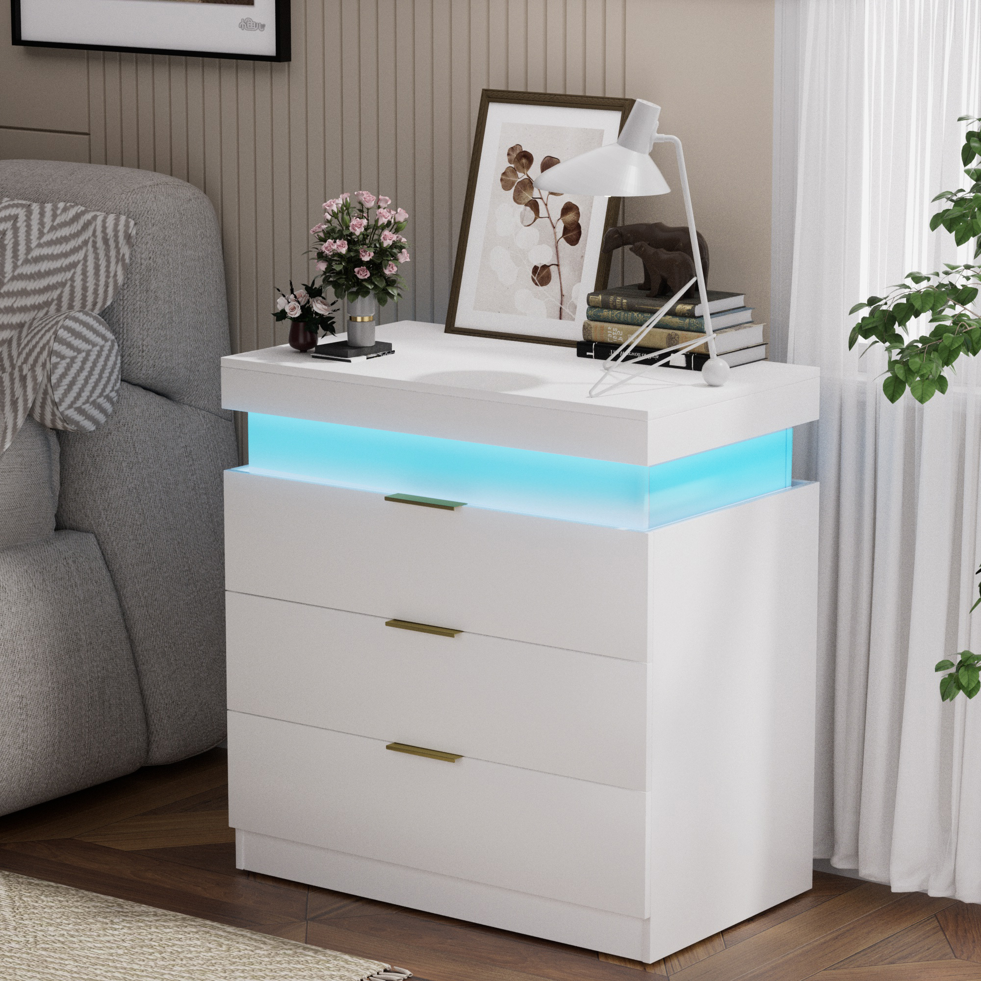 Nightstand with Charging Station and LED Lights,Night Stand with Sliding Top for Bedroom,Bedside Table with Drawers,Modern End Side Table,White.28.8”W x 17”D x 30.5”H.
