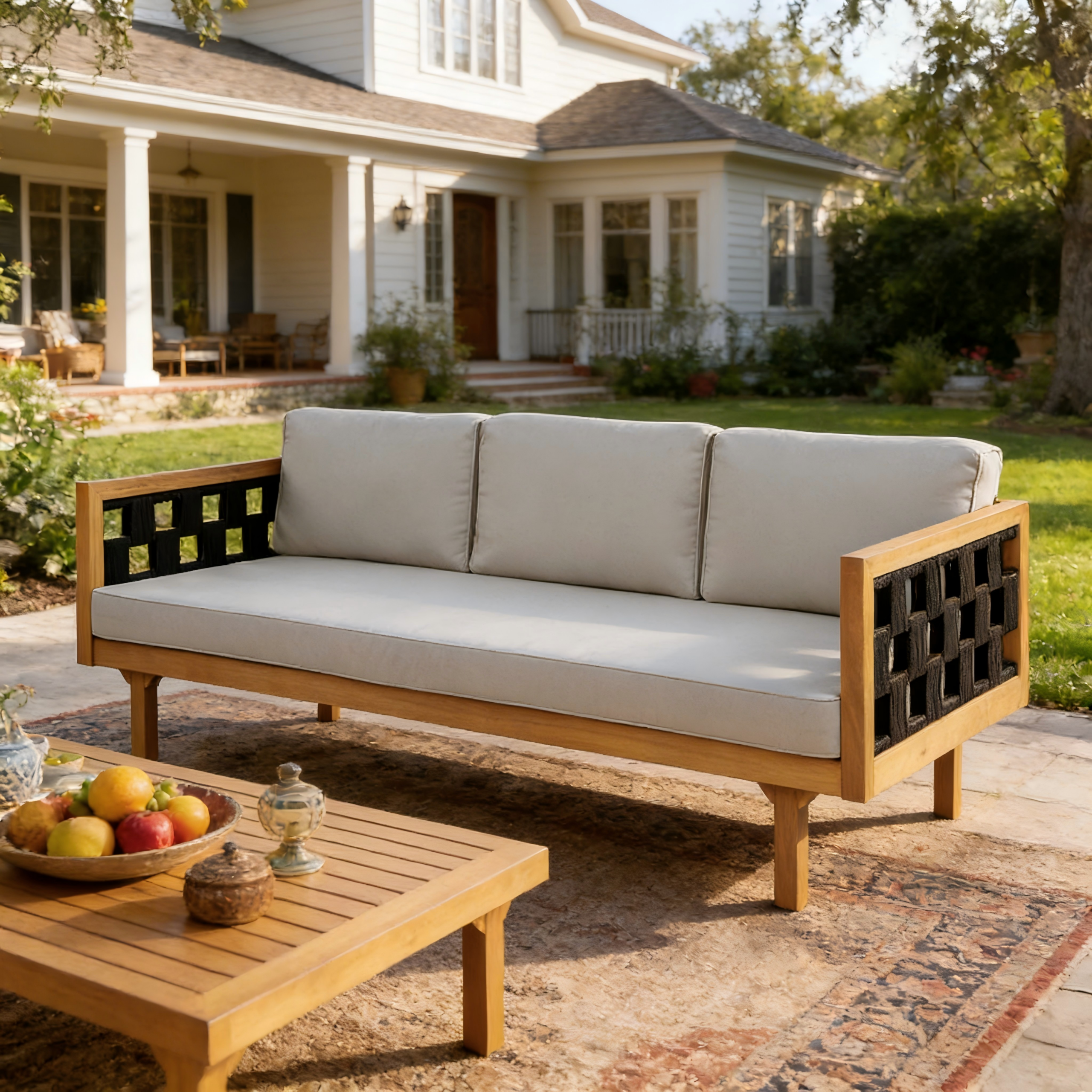 Three-Seater Outdoor Daybed – Acacia Wood Teak Finish Frame with Light Grey Cushions & Black Flat Rope, 67.5” L x 32” W x 24.24” H Patio Lounge Sofa for Garden Deck Backyard