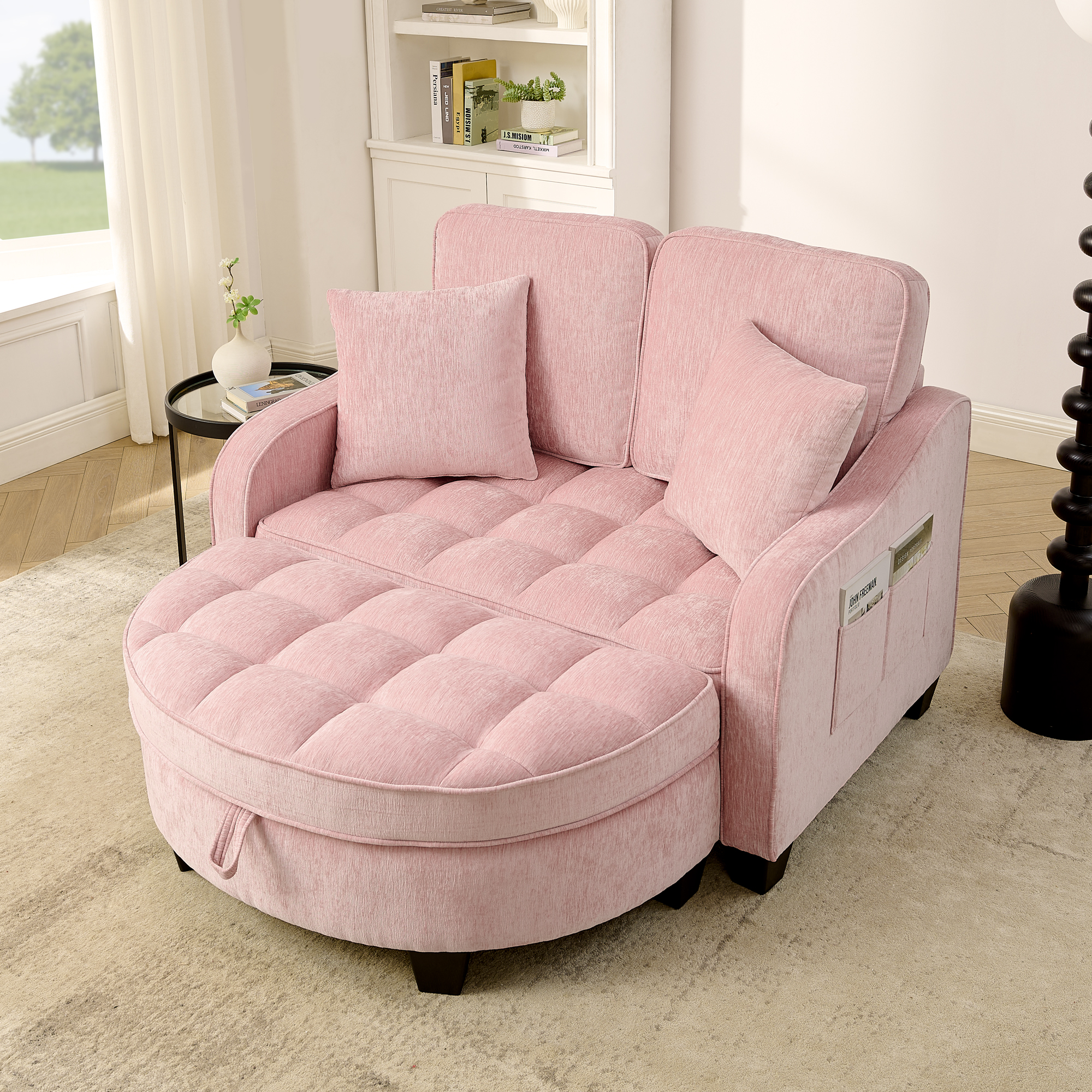 Two-seater sofa, double sofa chaise longue, with irregular armrests and backrests, footrest with storage space, comes with two small throw pillows, suitable for living room and bedroom -Pink