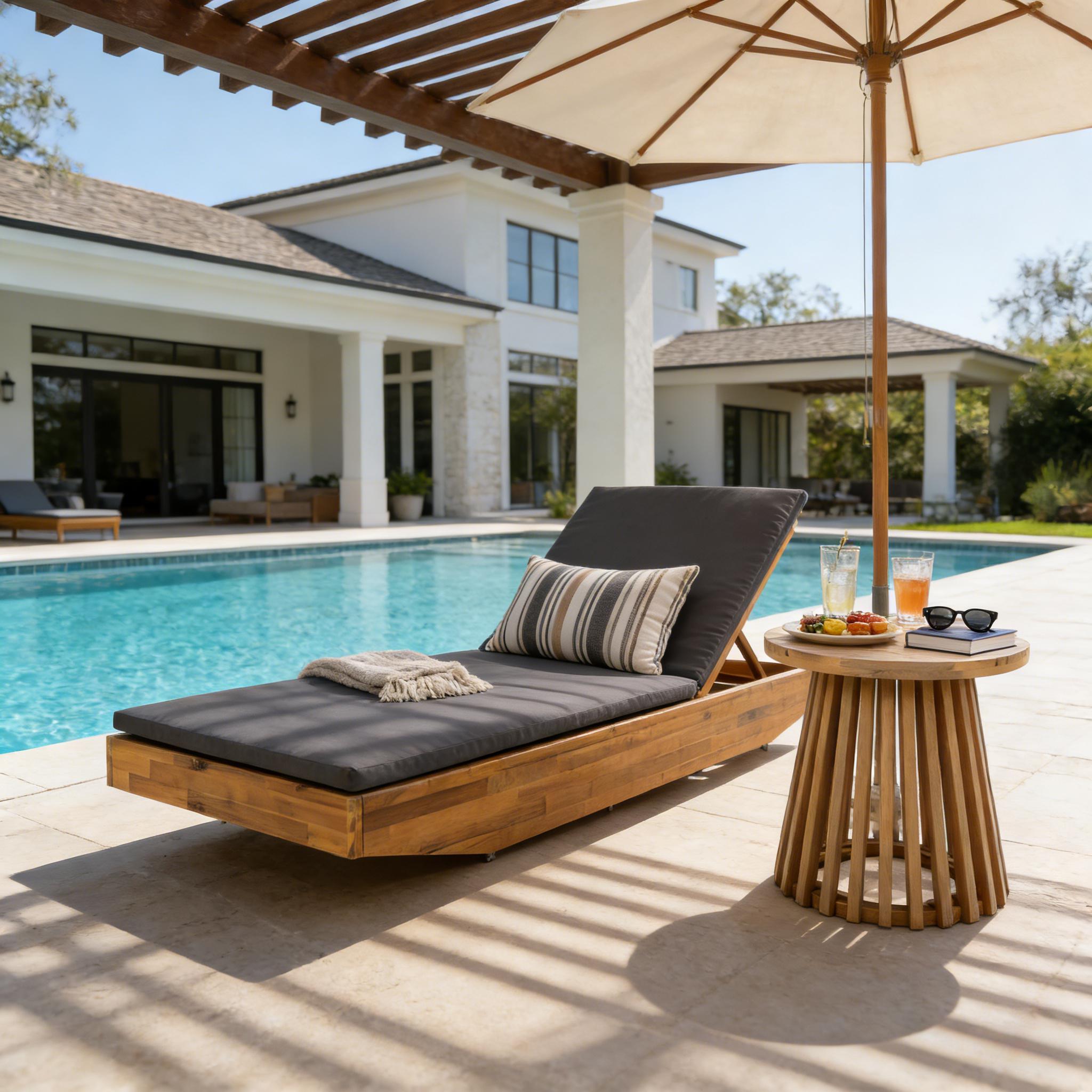 Acacia Wood Chaise Lounge with 2-Fold Thin Cushion – Teak Finish Outdoor Recliner with Dark Grey Water-Repellent Cushion, 79.6″ L x 29″ W, 300 lbs
