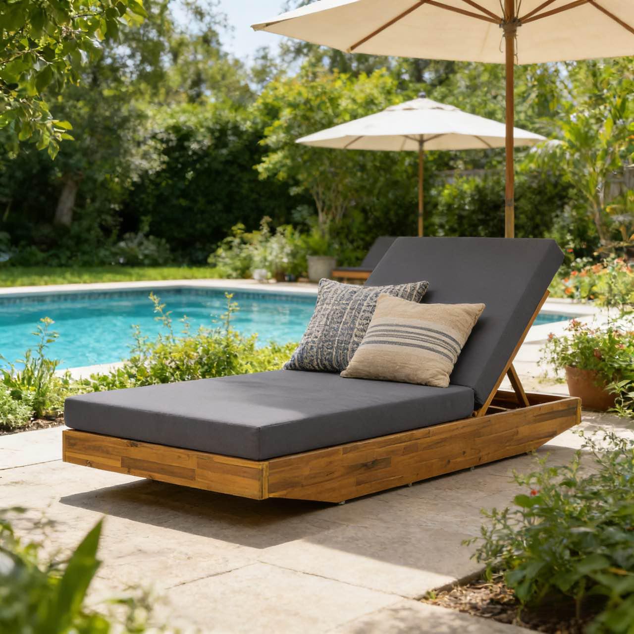 Acacia Wood Chaise Lounge with Cushion – Teak Finish Outdoor Recliner with Dark Grey Water-Repellent Cushion, 79.6″ L x 29″ W, 300 lbs